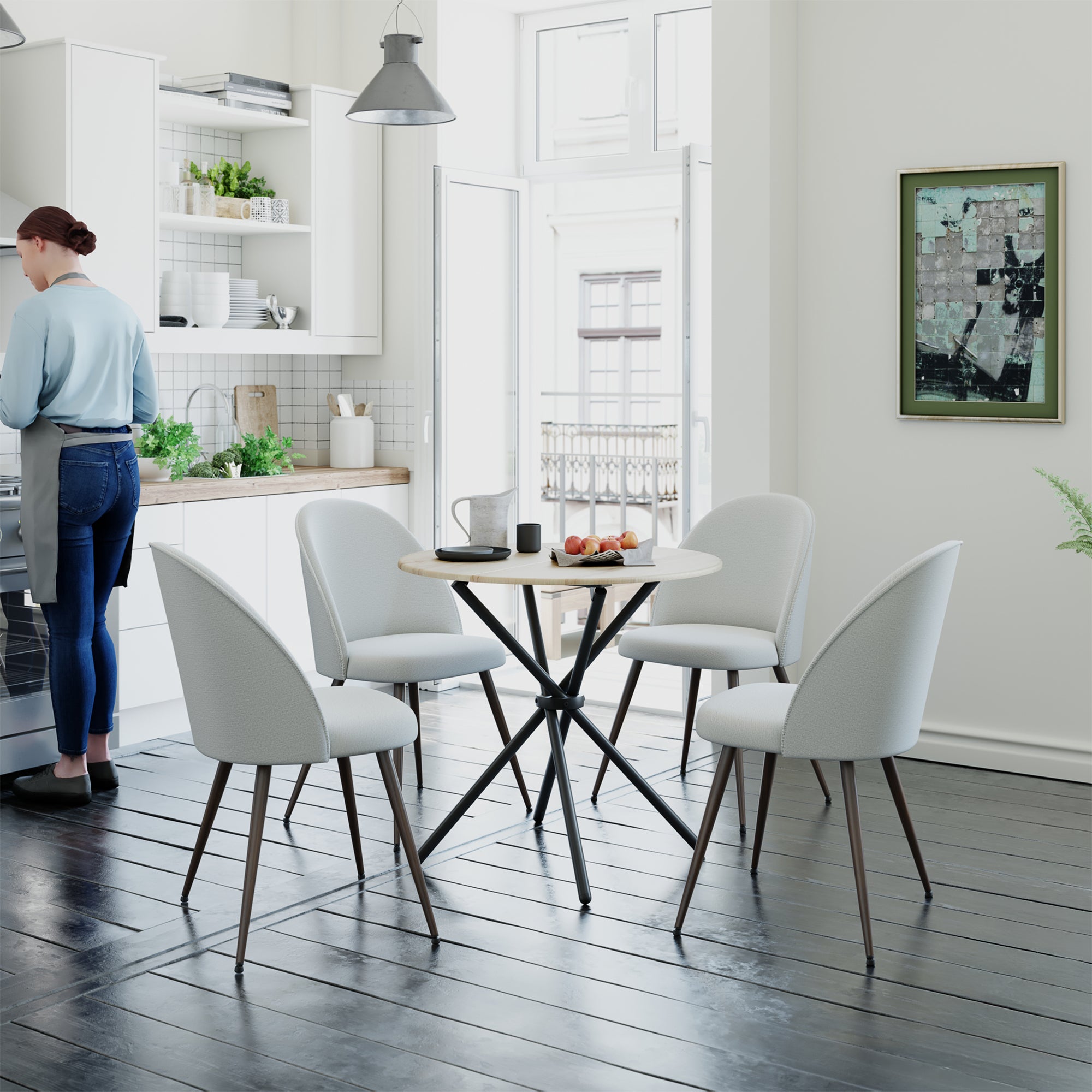 Homy Casa FONTANA 5PC Dining Set 31.5" Round Oak Table with 4 Haven Beige Fabric Chairs for Home, Office, or Small Spaces Open Box