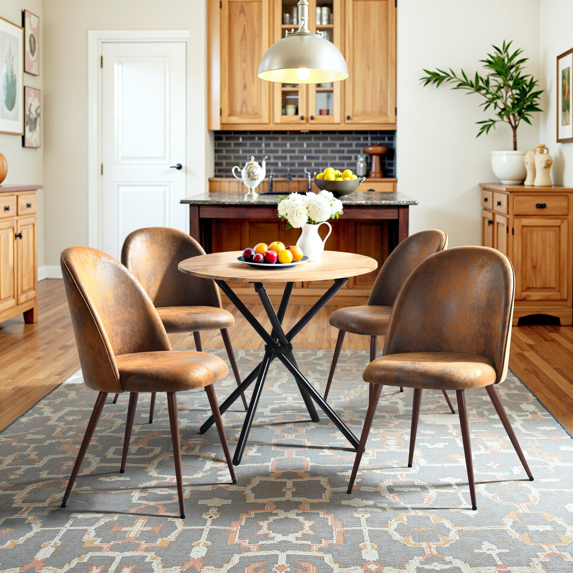 Fontana 5 Piece Walnut Dining Table Set with 4 Haven Upholstered Chairs, Suede Brown