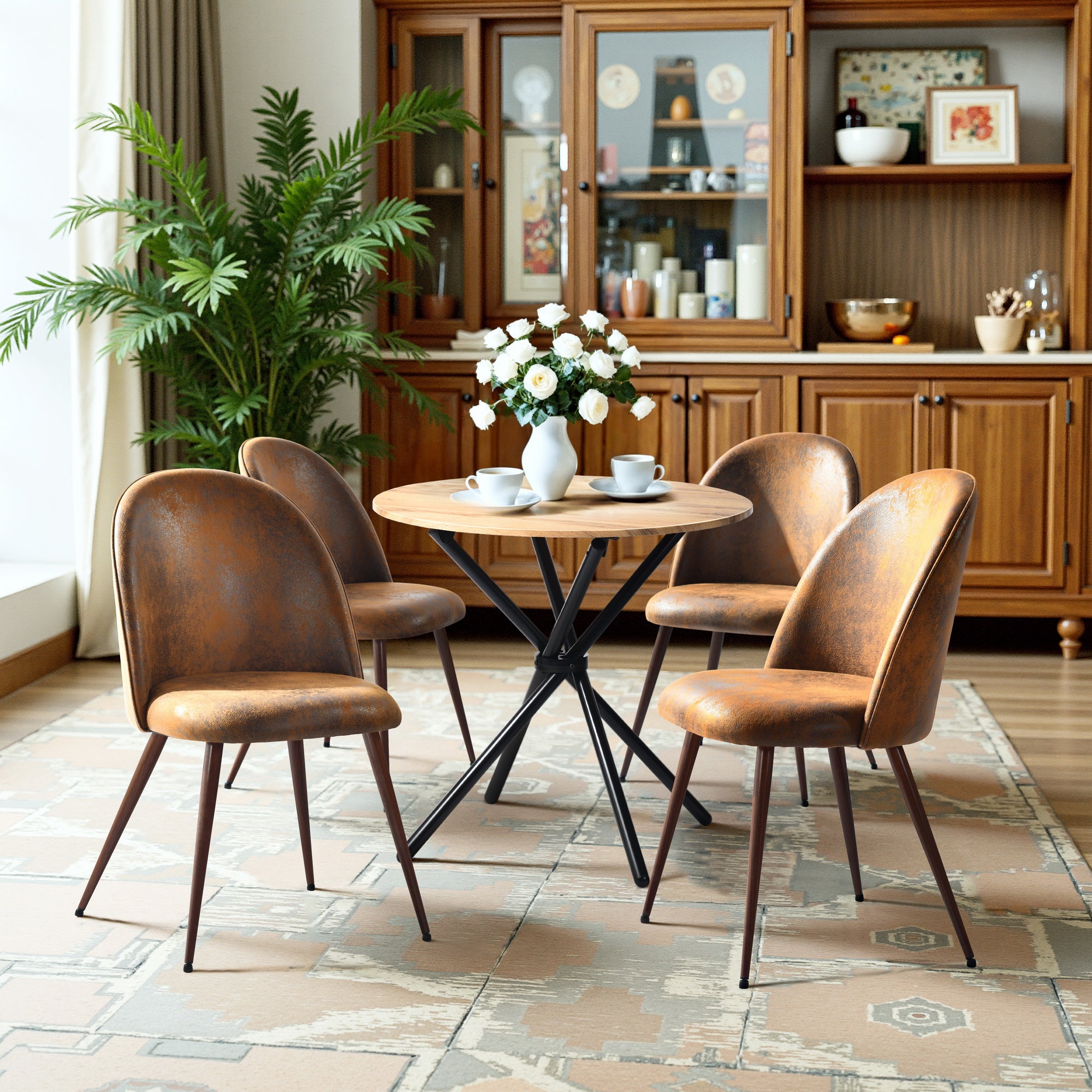 Fontana 5 Piece Walnut Dining Table Set with 4 Haven Upholstered Chairs, Suede Brown