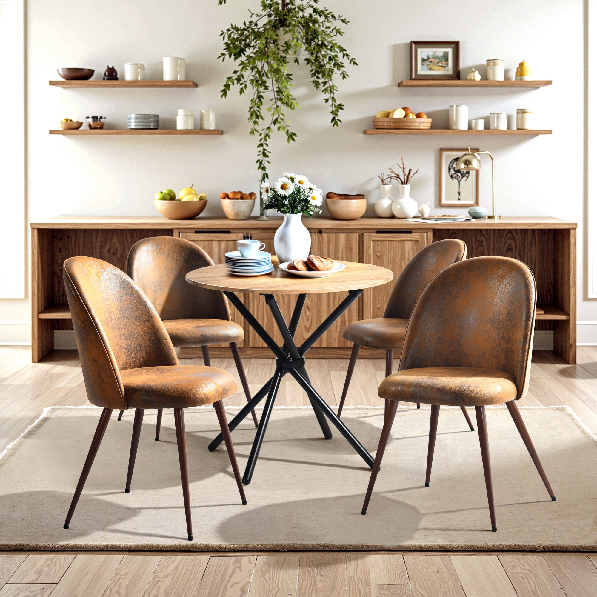 Fontana 5 Piece Walnut Dining Table Set with 4 Haven Upholstered Chairs, Suede Brown