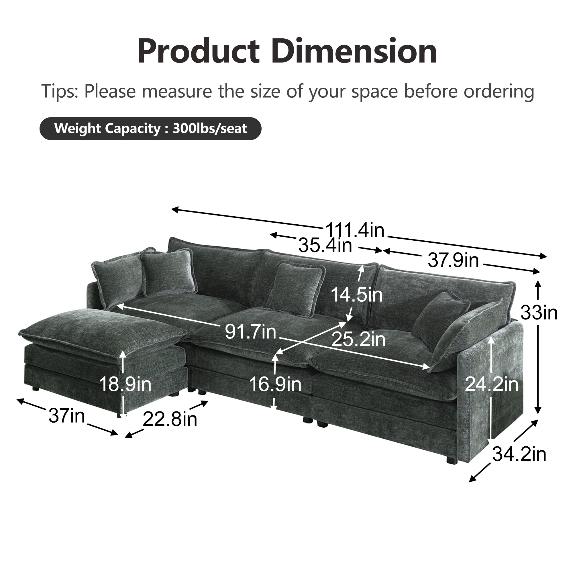 Fremont 112" Modular Chenille Upholstered L-Shaped Sectional Sofa with Ottoman