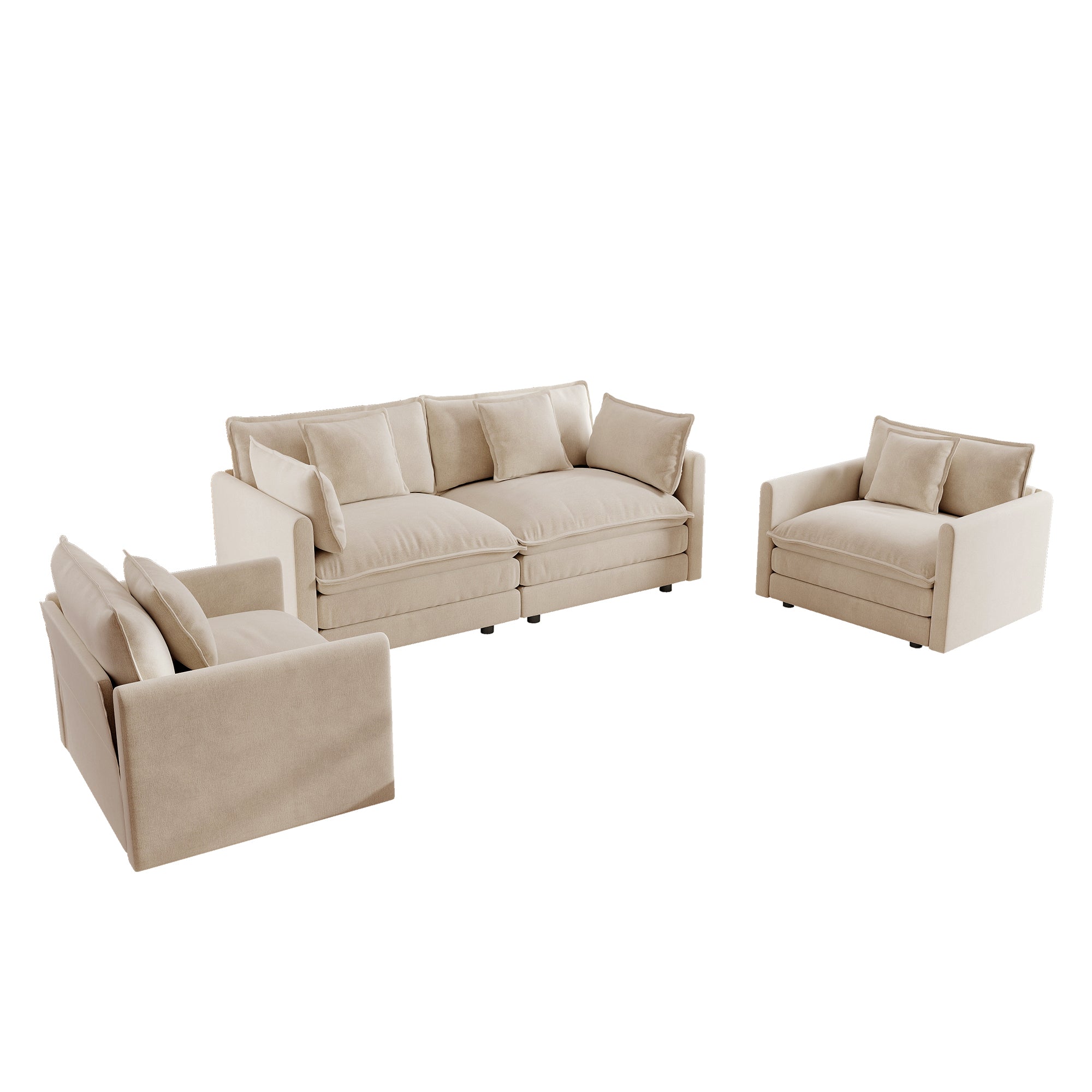Fremont 3 Piece Chenille Upholstered Modular Sofa Set with Armchairs and Loveseat