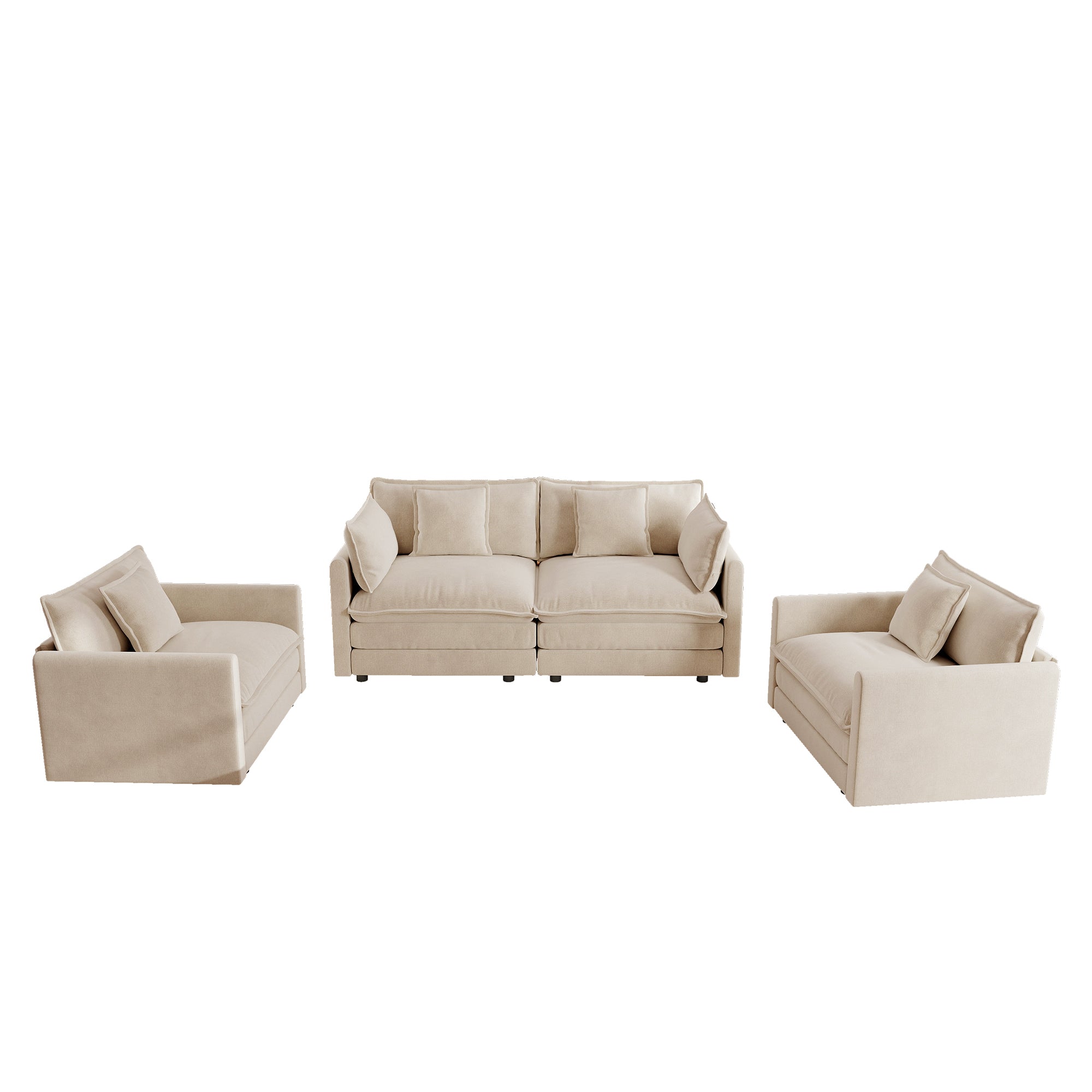 Fremont 3 Piece Chenille Upholstered Modular Sofa Set with Armchairs and Loveseat