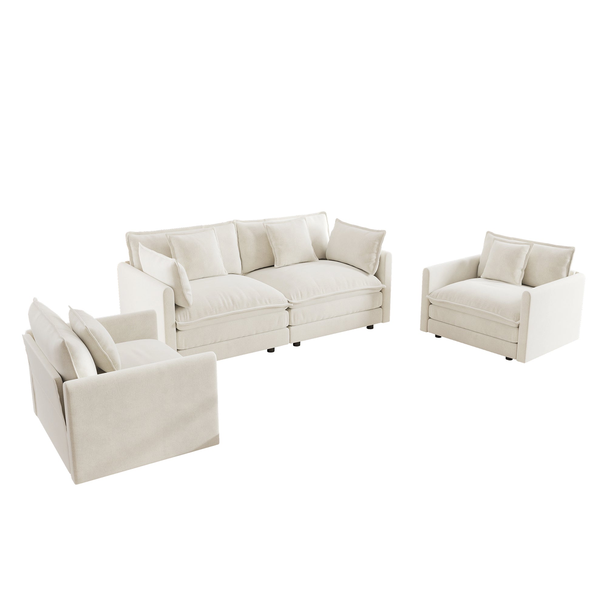 Fremont 3 Piece Chenille Upholstered Modular Sofa Set with Armchairs and Loveseat