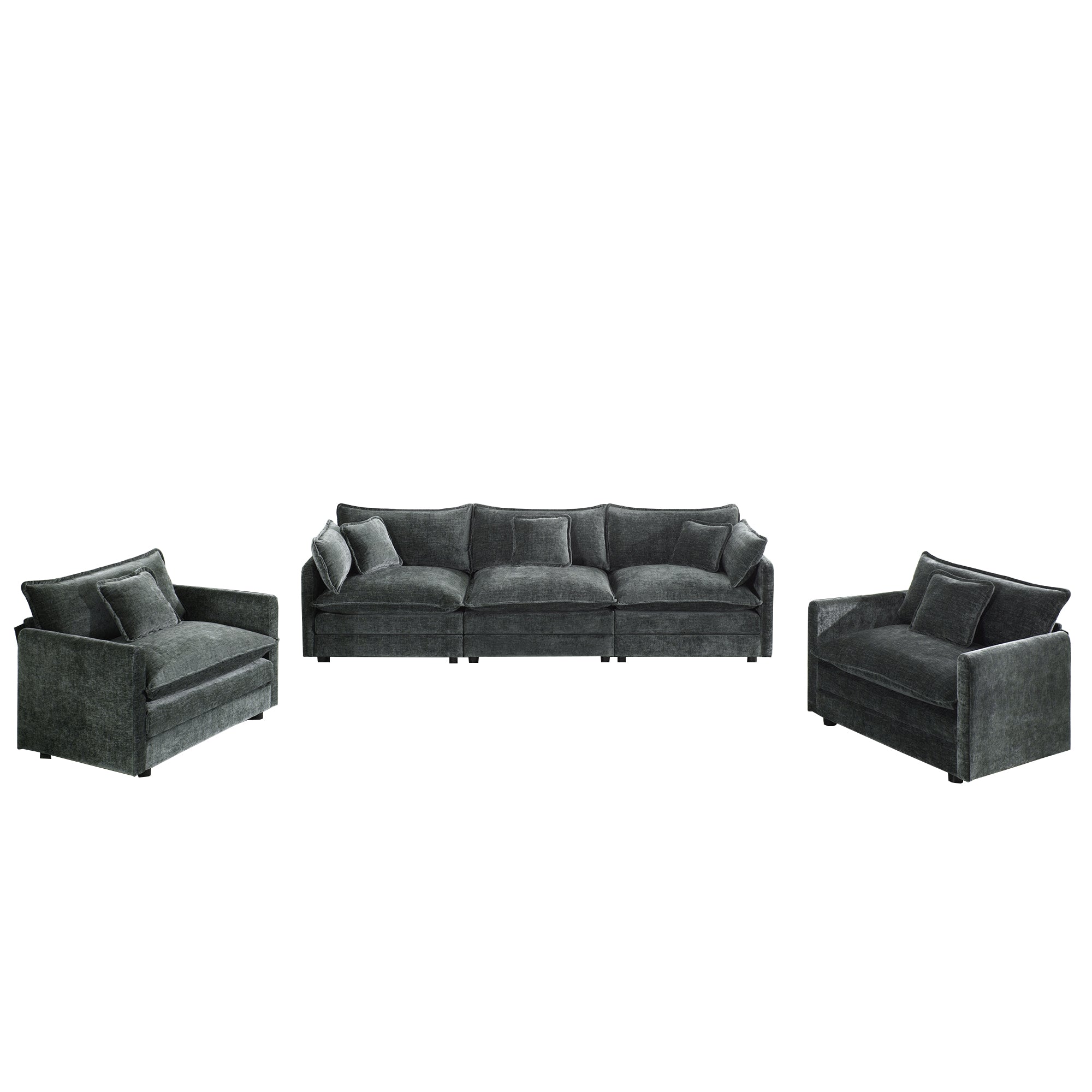 Fremont 3 Piece Chenille Upholstered Modular Sofa Set with Armchairs and 3-Seater Sofa