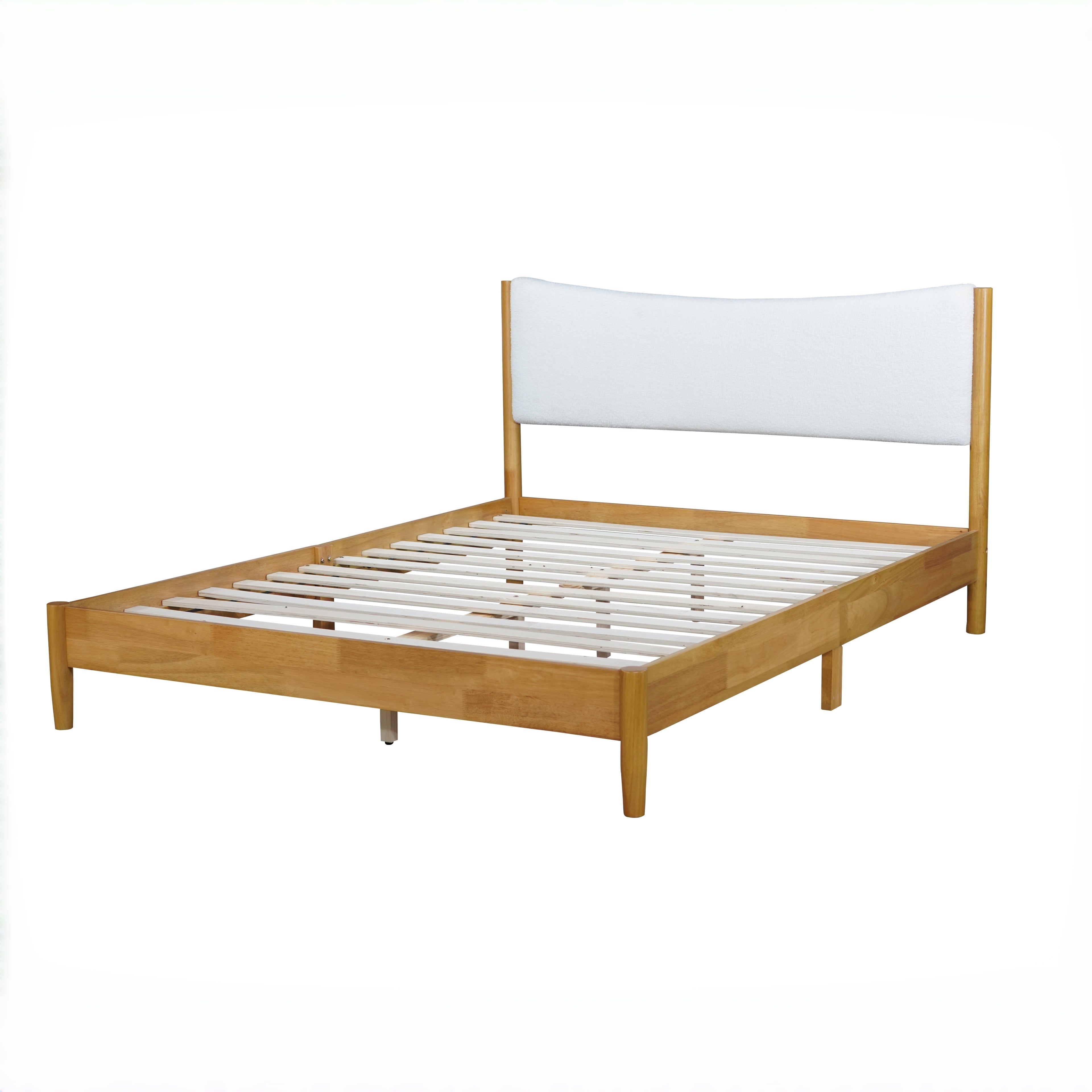 Freya Queen Solid Rubberwood Bed with Teddy Fleece Curved Headboard