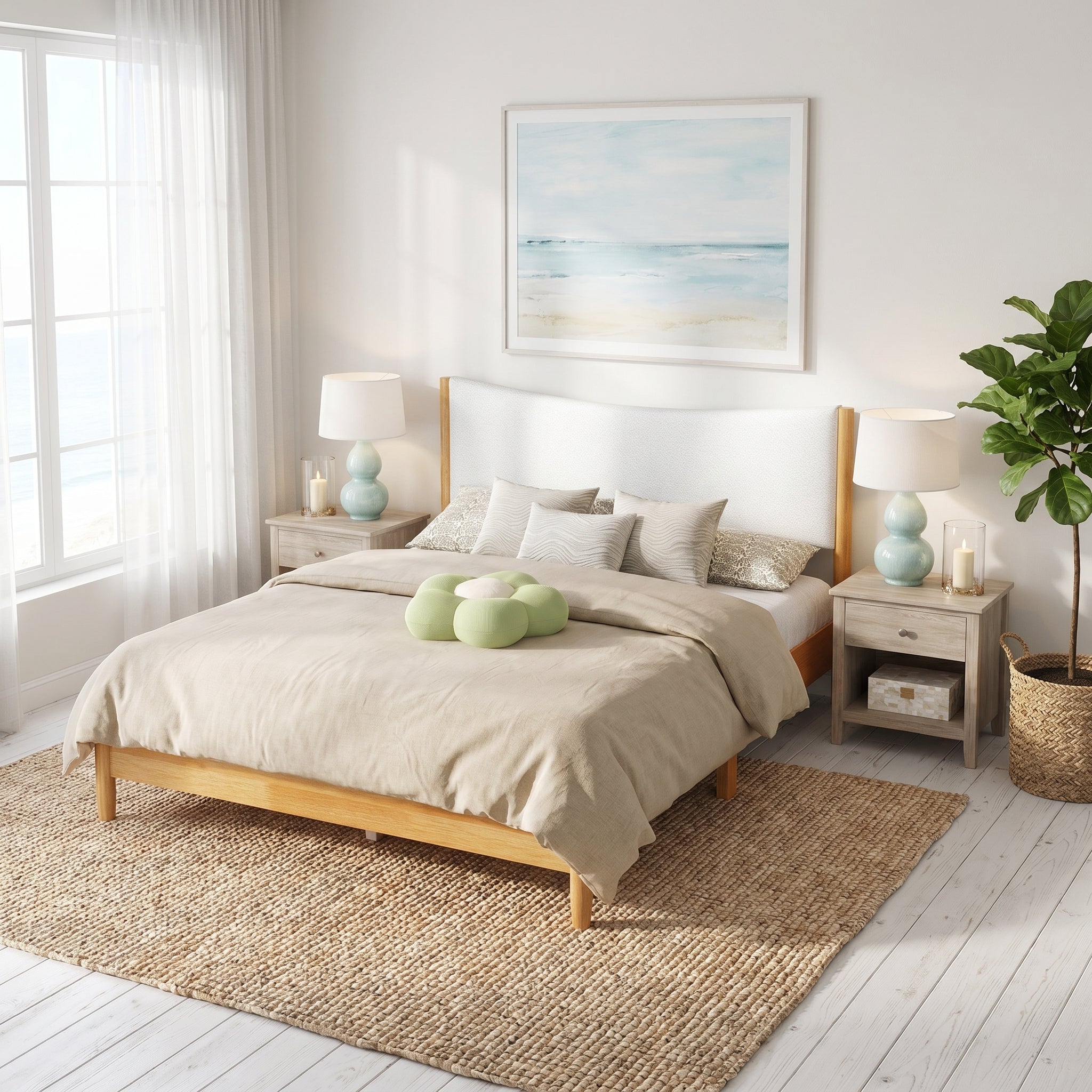 Freya Queen Solid Rubberwood Bed with Teddy Fleece Curved Headboard