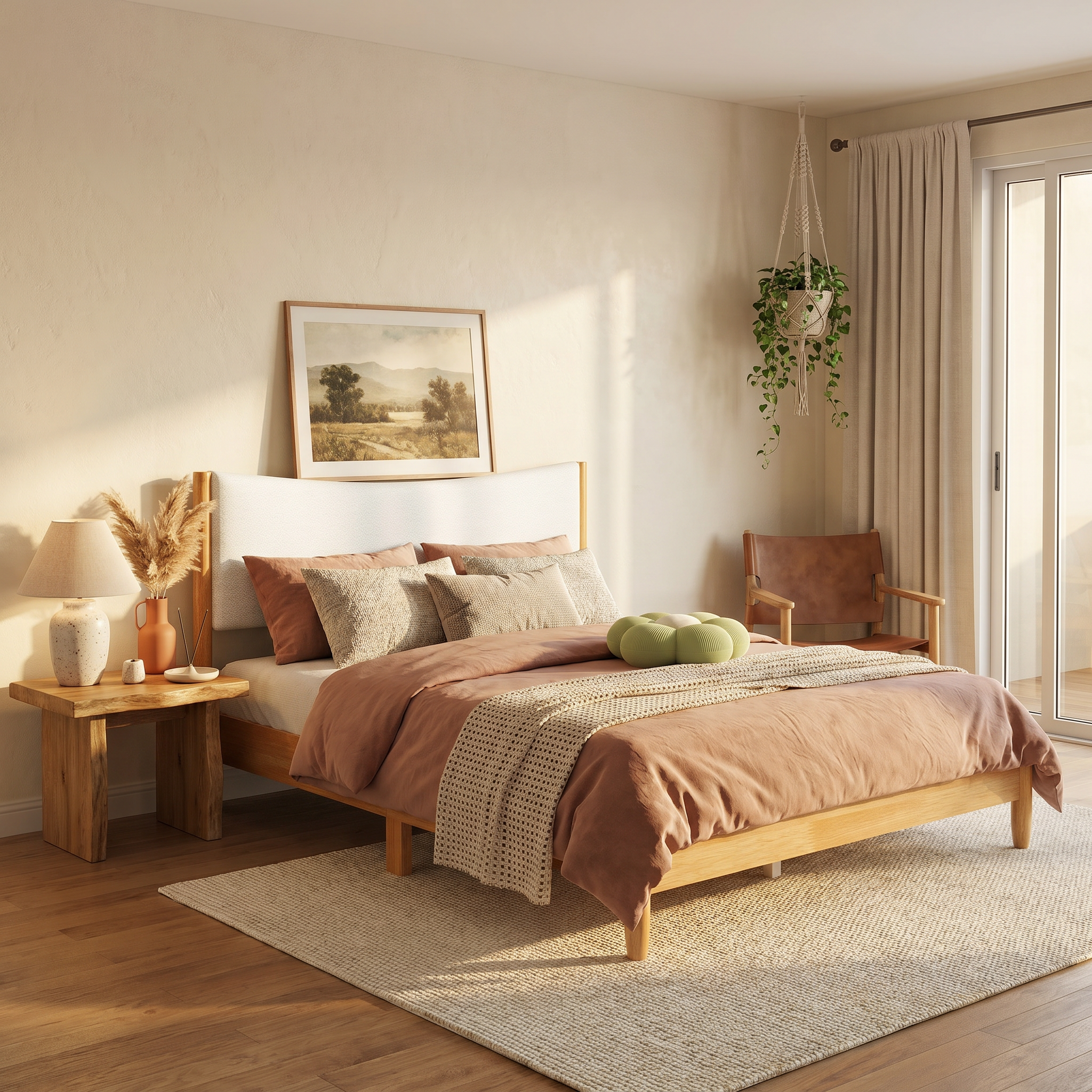Freya Queen Solid Rubberwood Bed with Teddy Fleece Curved Headboard