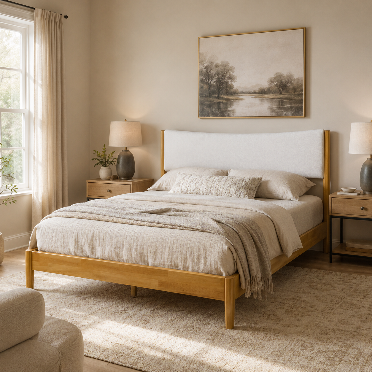 Freya Queen Solid Rubberwood Bed with Teddy Fleece Curved Headboard