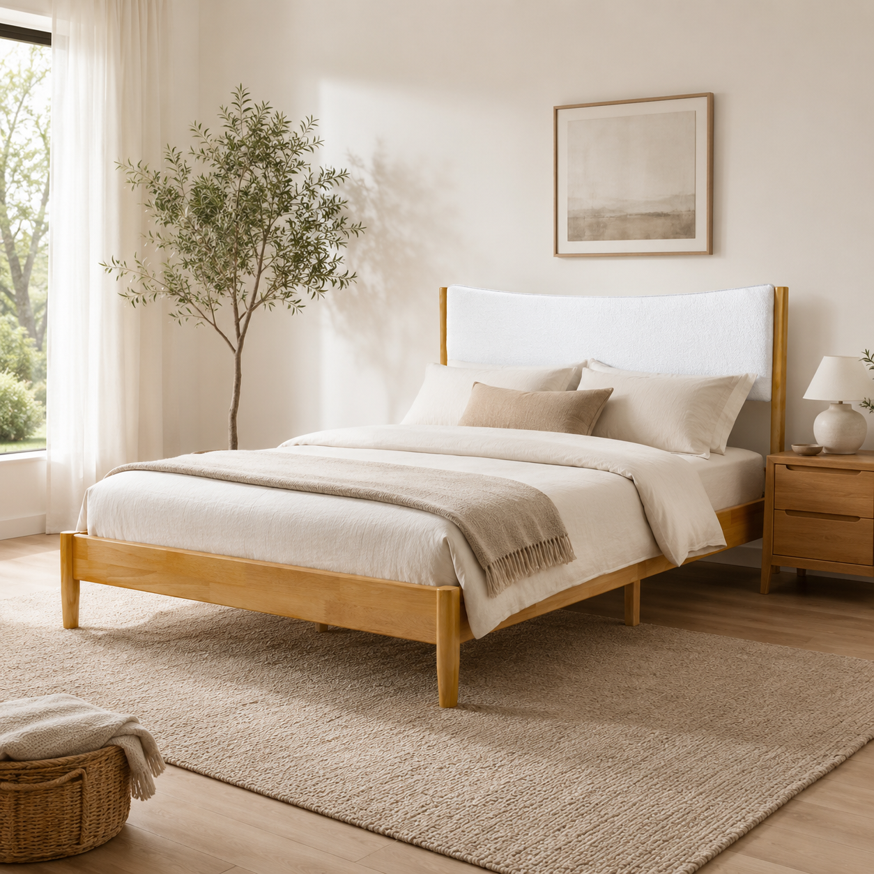 Freya Queen Solid Rubberwood Bed with Teddy Fleece Curved Headboard