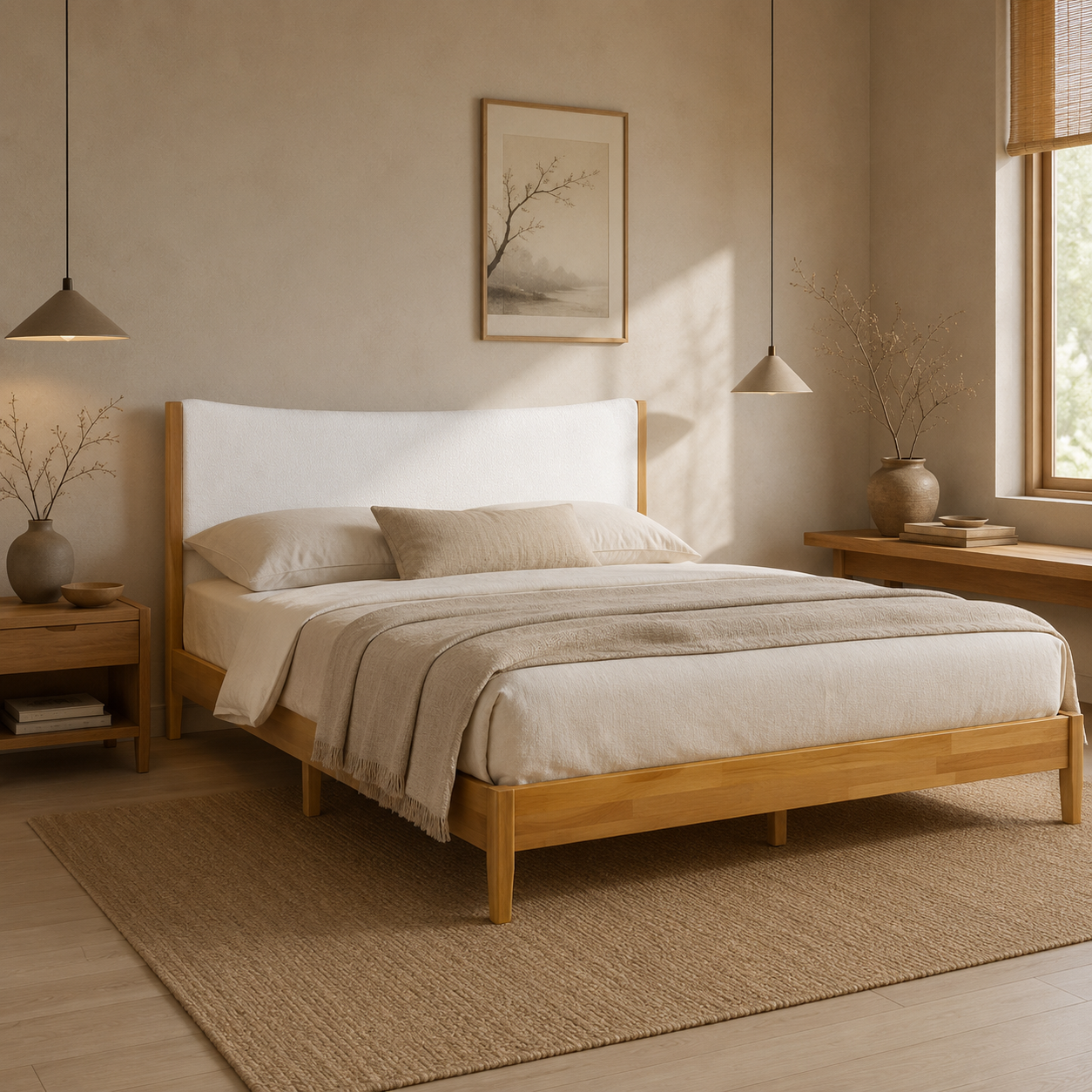 Freya Queen Solid Rubberwood Bed with Teddy Fleece Curved Headboard