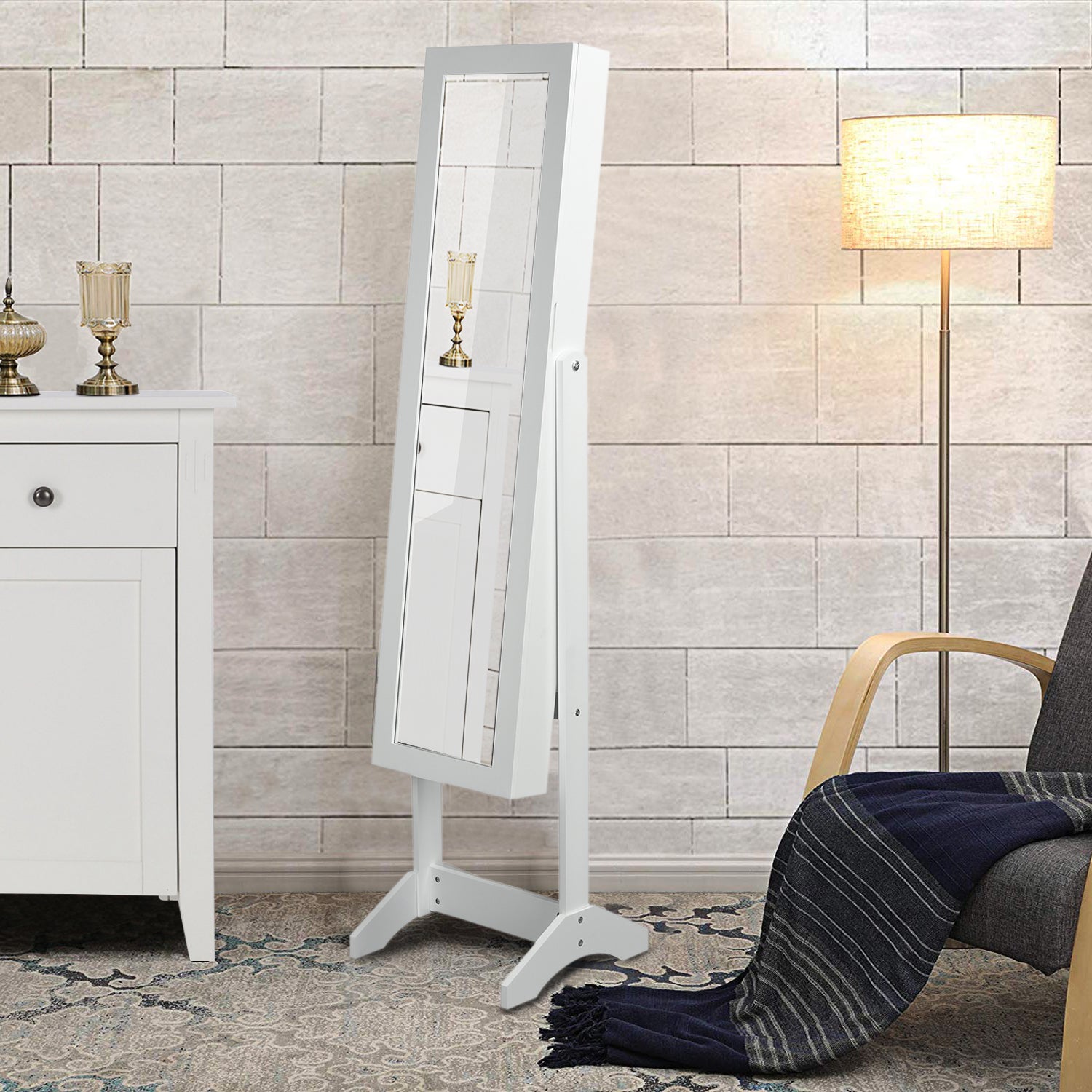Homy Casa Godric Standing Jewelry Armoire with Full Length Mirror Lockable Jewelry Storage Cabinet White