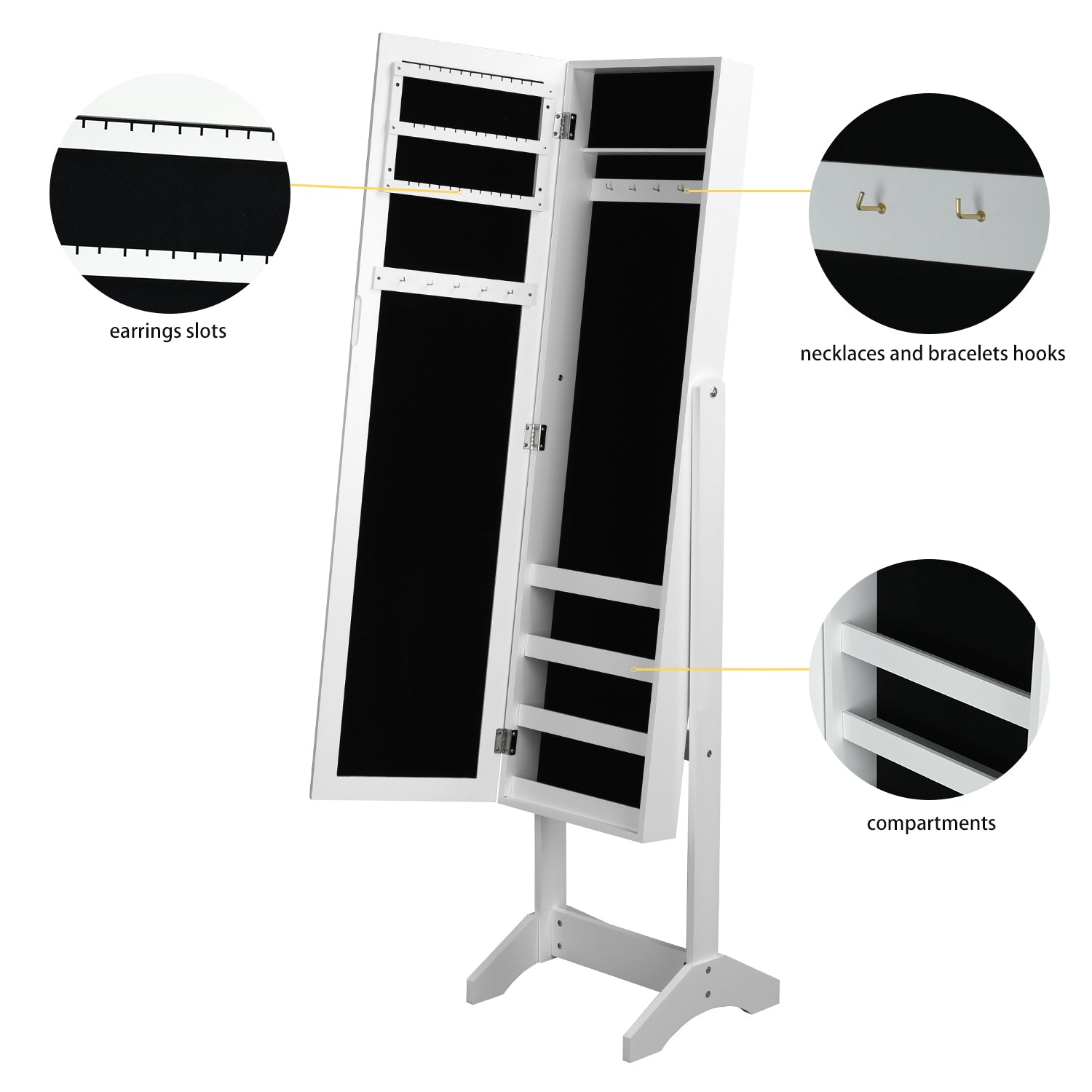 Homy Casa Godric Standing Jewelry Armoire with Full Length Mirror Lockable Jewelry Storage Cabinet White