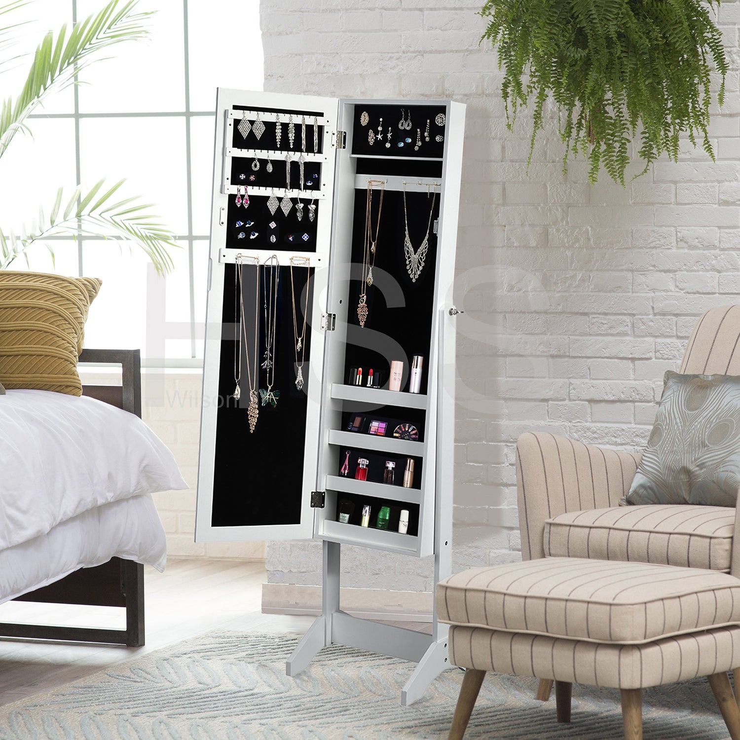 Homy Casa Godric Standing Jewelry Armoire with Full Length Mirror Lockable Jewelry Storage Cabinet White