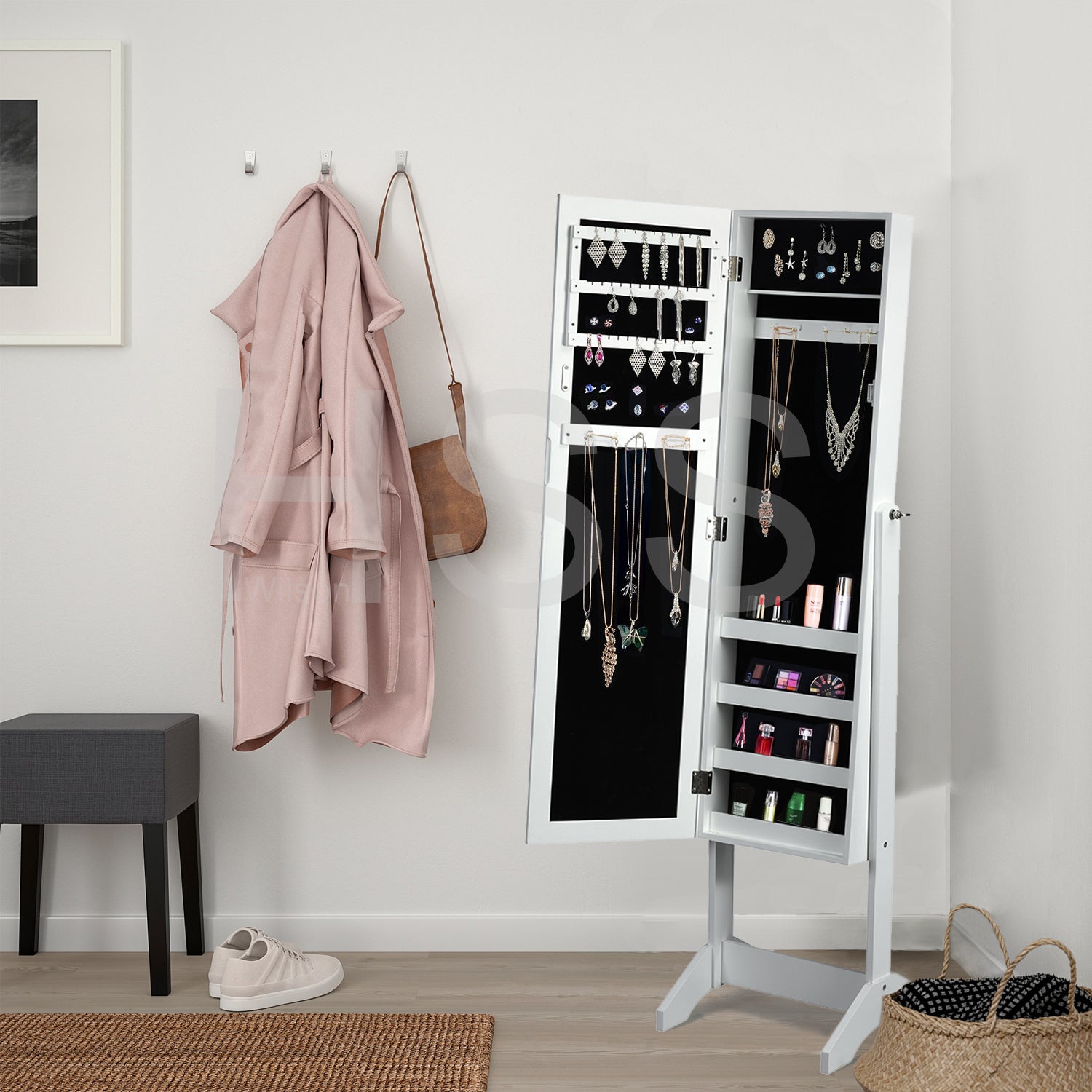 Homy Casa Godric Standing Jewelry Armoire with Full Length Mirror Lockable Jewelry Storage Cabinet White