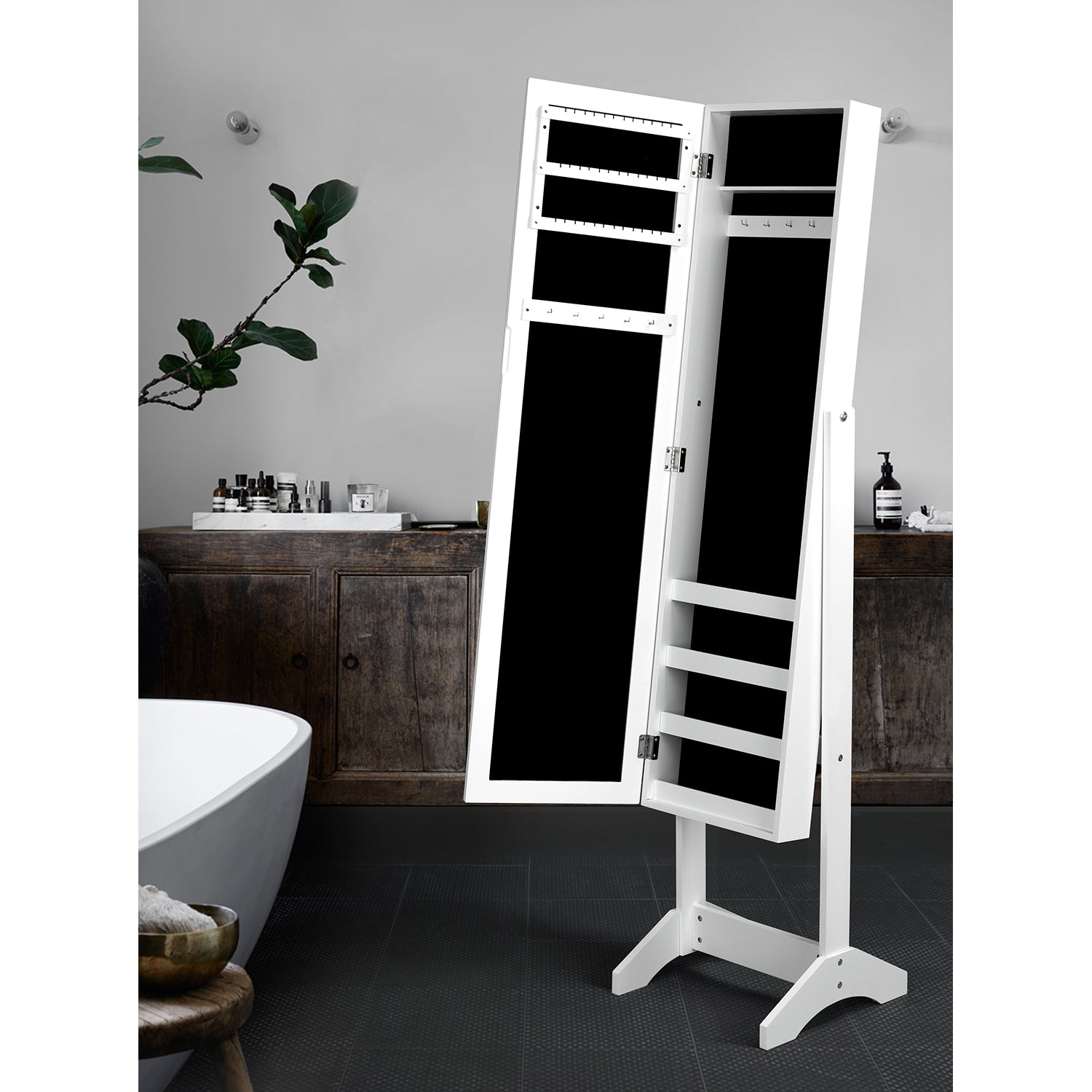 Homy Casa Godric Standing Jewelry Armoire with Full Length Mirror Lockable Jewelry Storage Cabinet White
