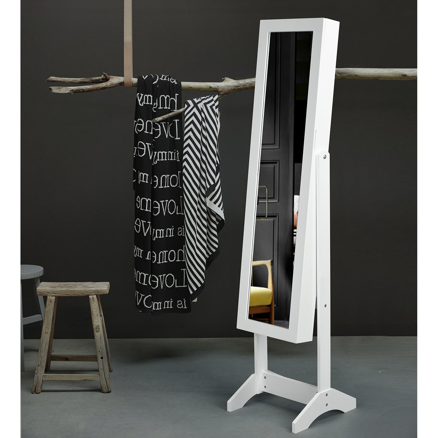 Homy Casa Godric Standing Jewelry Armoire with Full Length Mirror Lockable Jewelry Storage Cabinet White