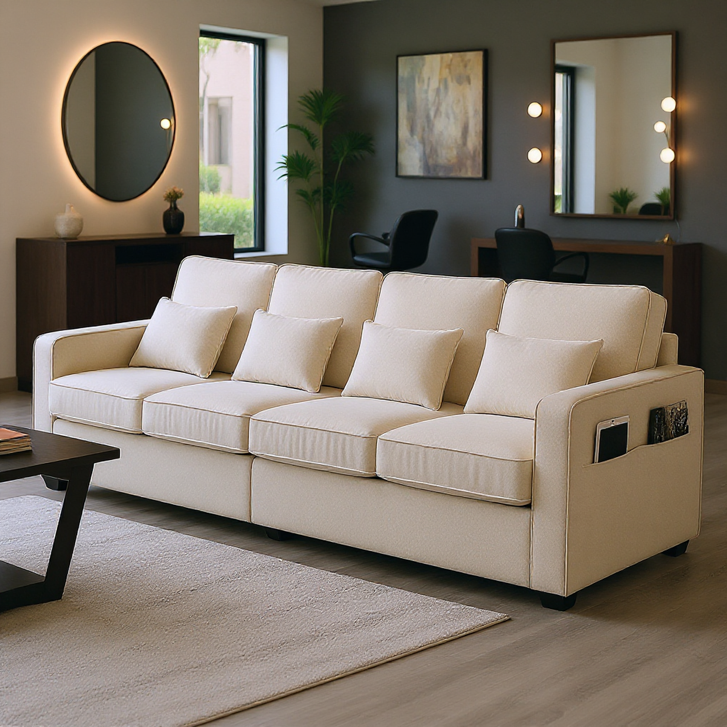 Homy Casa Laredo 104" 4-Seater Modern Linen Sofa with Storage Pockets and 4 Pillows