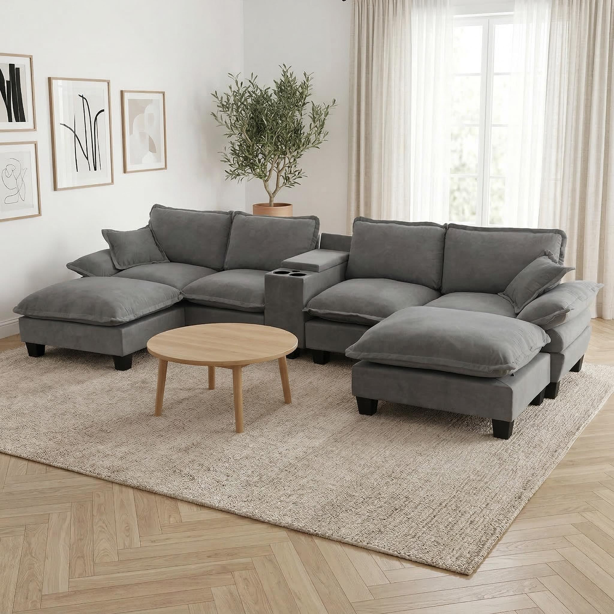 Atlanta 143" U-Shaped Sectional Sofa with 2 Ottomans and USB Storage Console