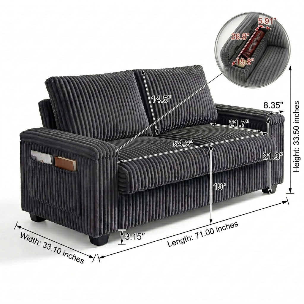 Brooklyn 71" Plush Corduroy Loveseat Sofa with Storage Armrests and USB Port