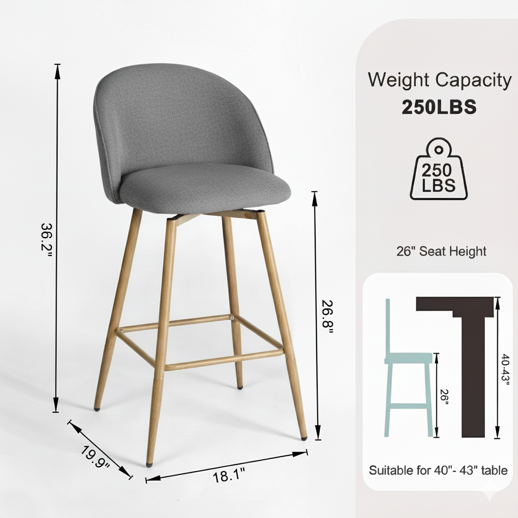 HASEEB 26" Swivel Counter Height Bar Stools Set of 2 with Performance Fabric