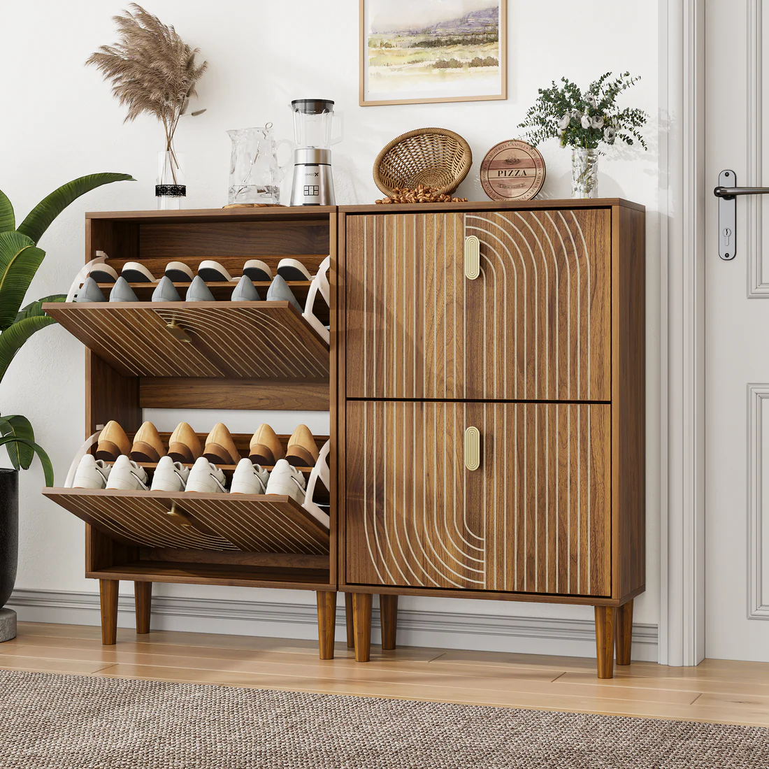 Ghent 23" Walnut Shoe Storage Cabinet with 2 Flip Drawers in Carved Line Design