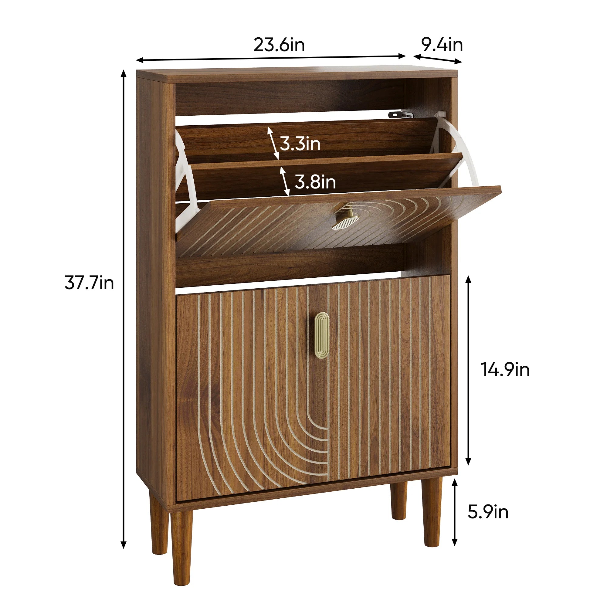 Ghent 23" Walnut Shoe Storage Cabinet with 2 Flip Drawers in Carved Line Design