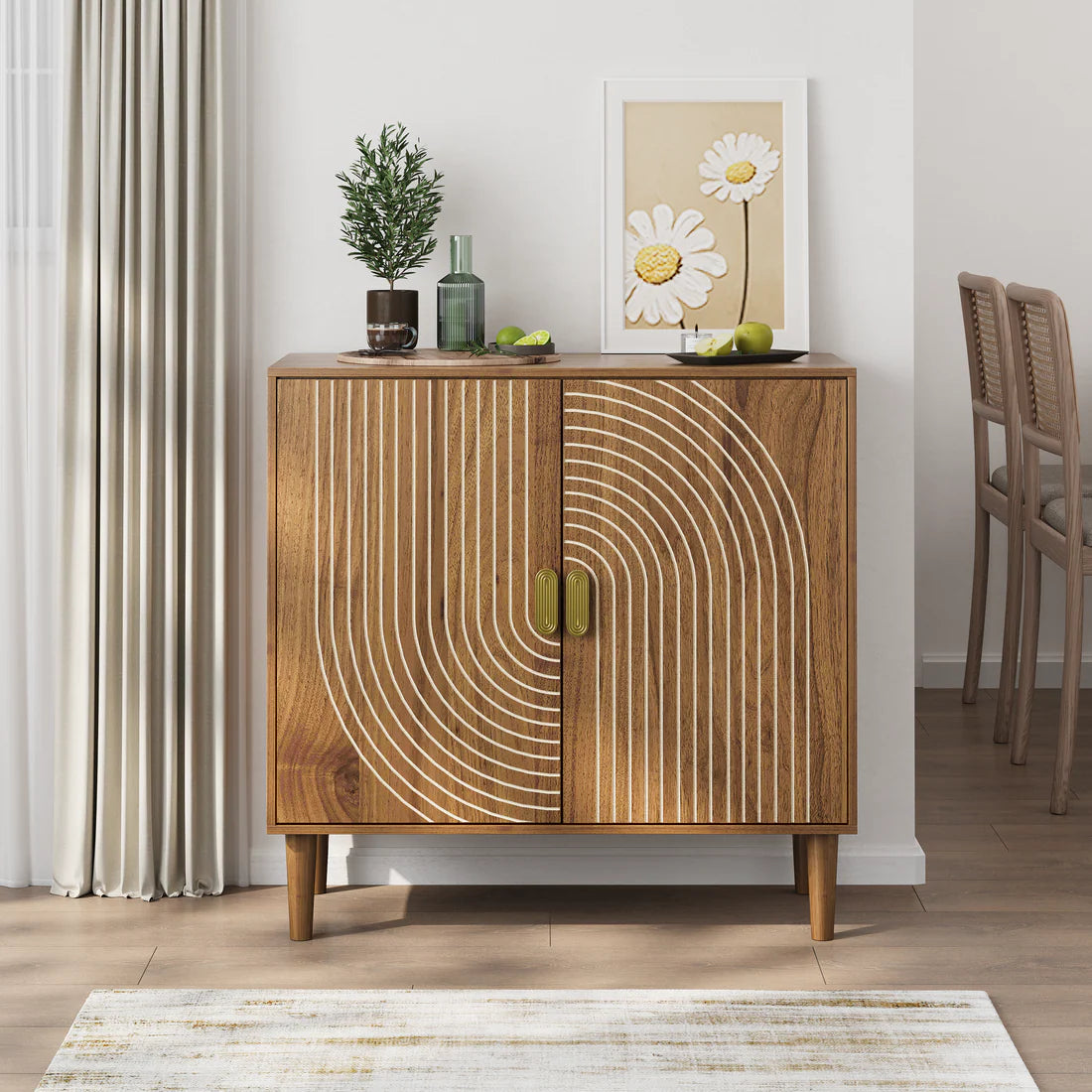 Ghent 31.3” Walnut Buffet Storage Cabinet with 2 Doors in Carved Line Design