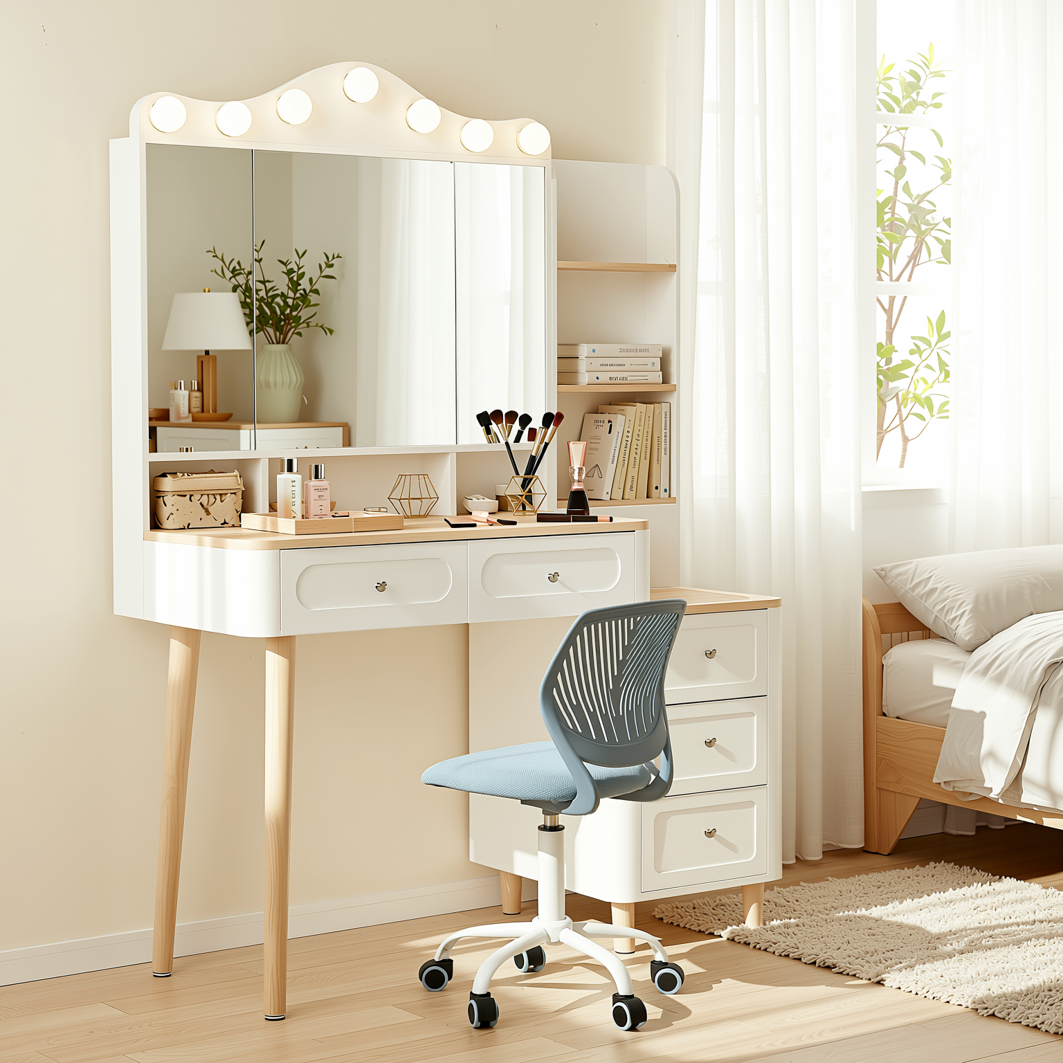Homy Casa Grace+Carnation Vanity Desk and Chair 2PC Bedroom Vanity Set with Lighted Mirror, USB Charging, and Storage in White & Blue