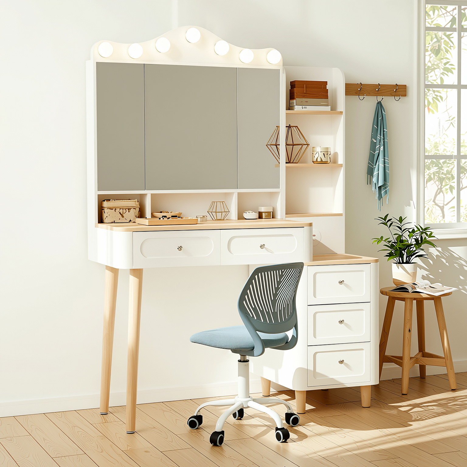 Homy Casa Grace+Carnation Vanity Desk and Chair 2PC Bedroom Vanity Set with Lighted Mirror, USB Charging, and Storage in White & Blue