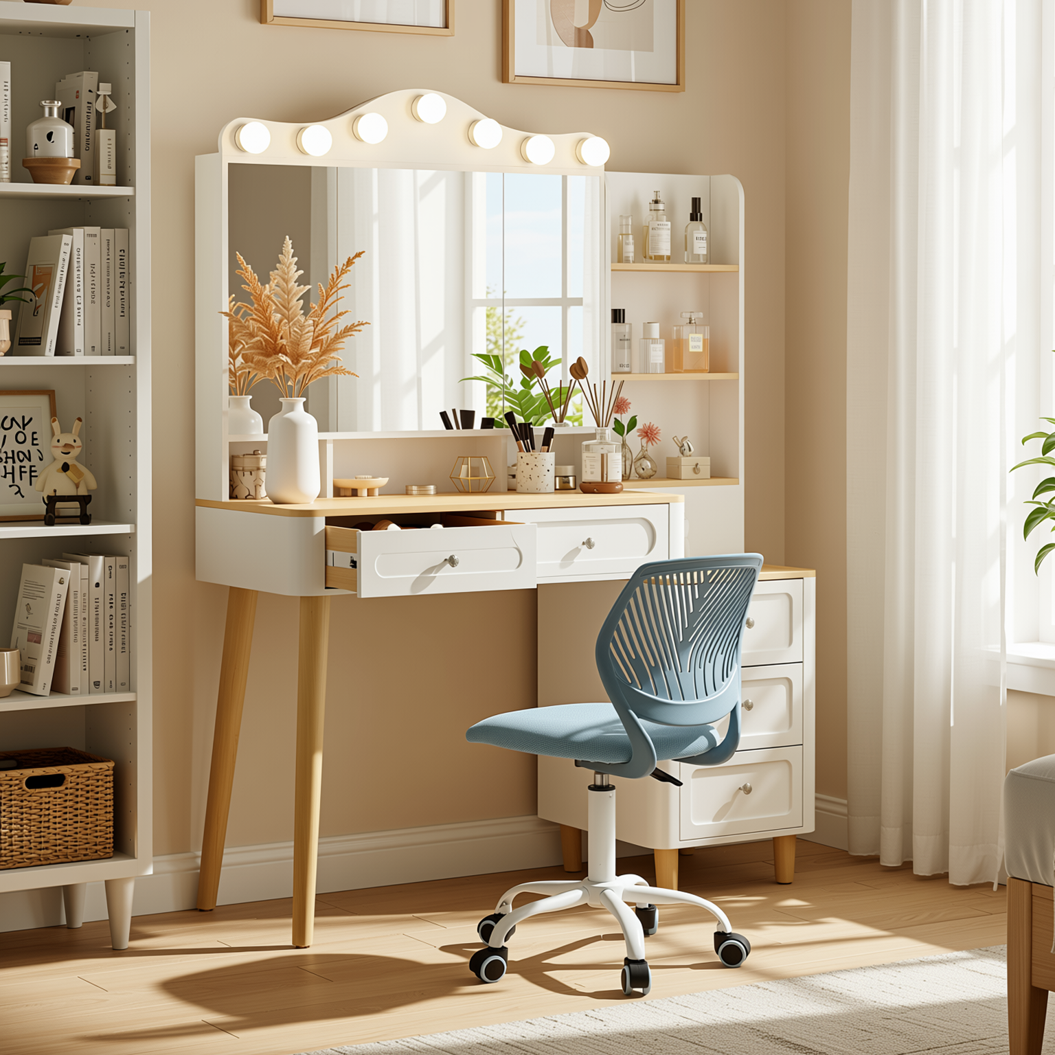 Homy Casa Grace+Carnation Vanity Desk and Chair 2PC Bedroom Vanity Set with Lighted Mirror, USB Charging, and Storage in White & Blue