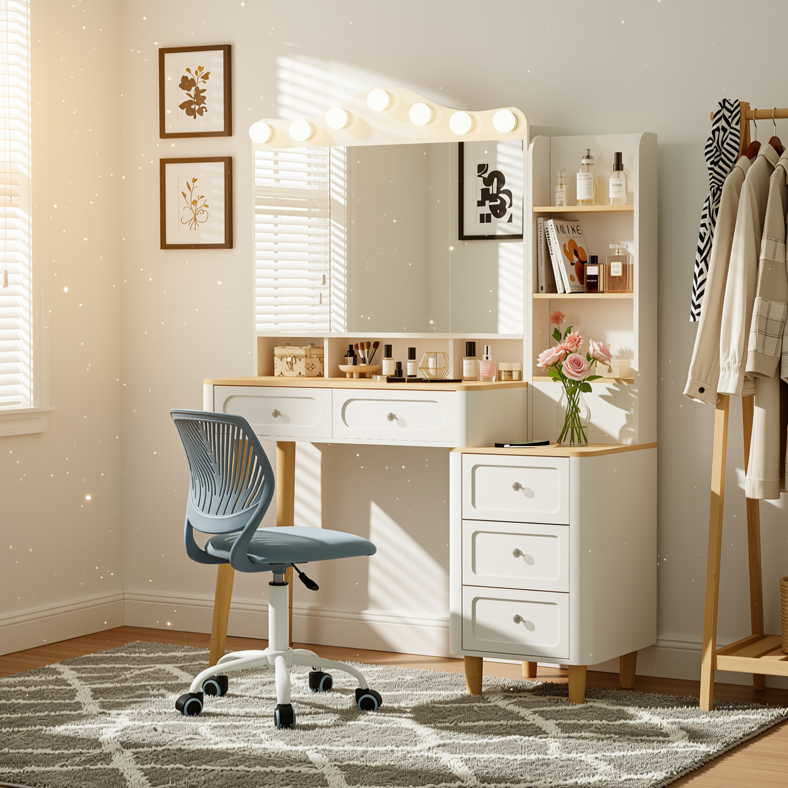 Homy Casa Grace+Carnation Vanity Desk and Chair 2PC Bedroom Vanity Set with Lighted Mirror, USB Charging, and Storage in White & Blue