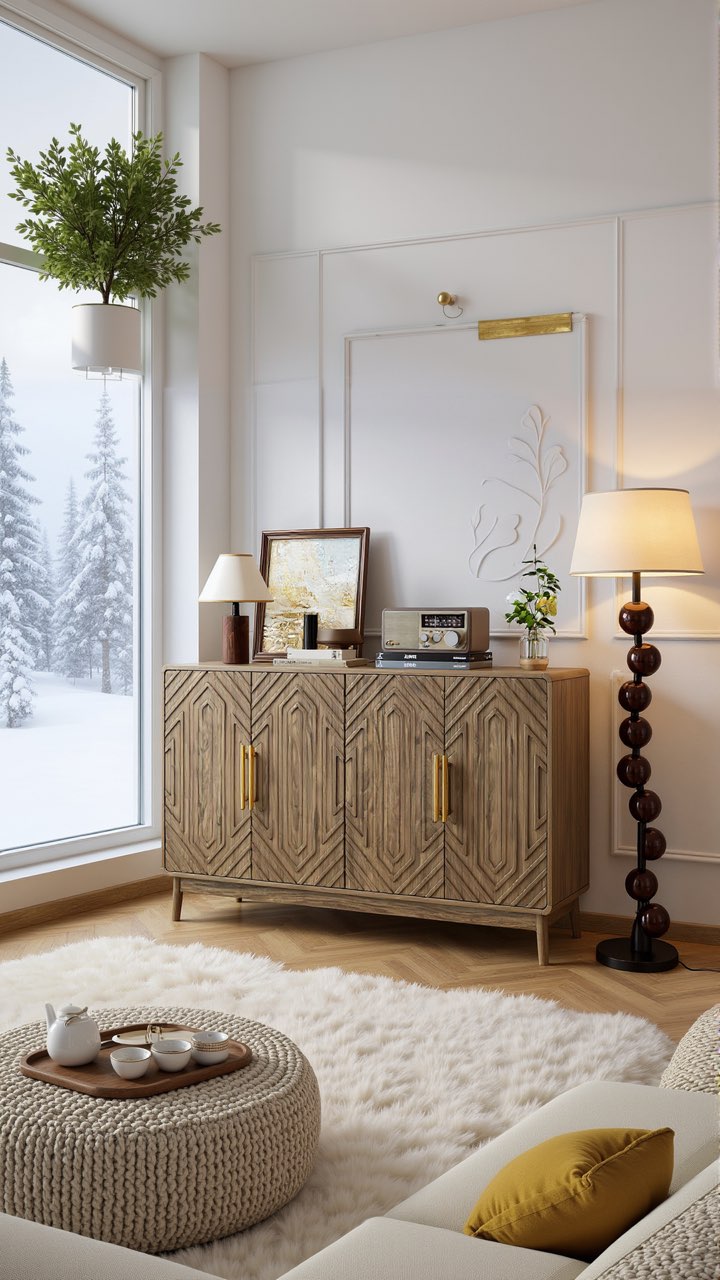 Granada 55" Sideboard Storage Cabinet with Sculpted Carved Doors, Warm Walnut Finish