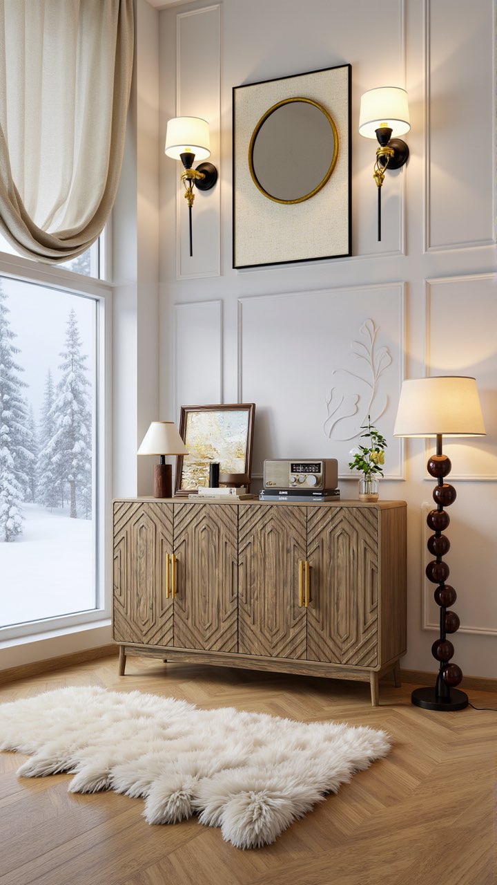 Granada 55" Sideboard Storage Cabinet with Sculpted Carved Doors, Warm Walnut Finish