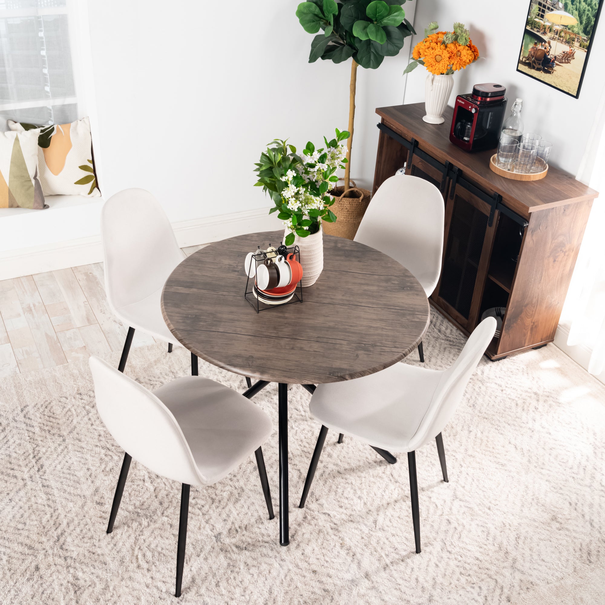 Homy Casa Hare 4PC Dining Set 31.5” Vintage Brown Round Table with 4 Charlton Lumos Beige Chairs