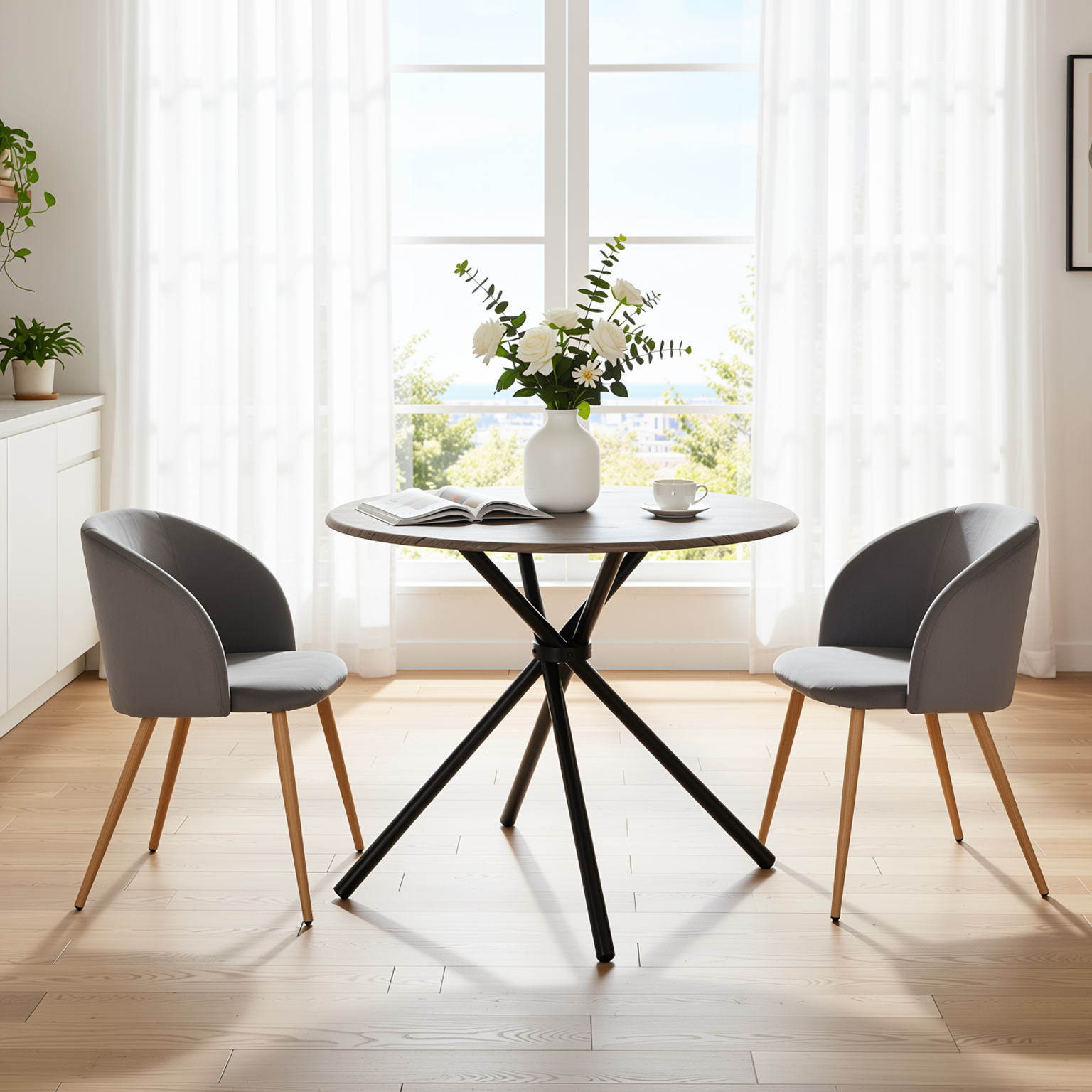 Homy Casa Fontana 3PC Dining Set 31.5” Round Dining Table with 2 Ynez Grey Upholstered Chairs