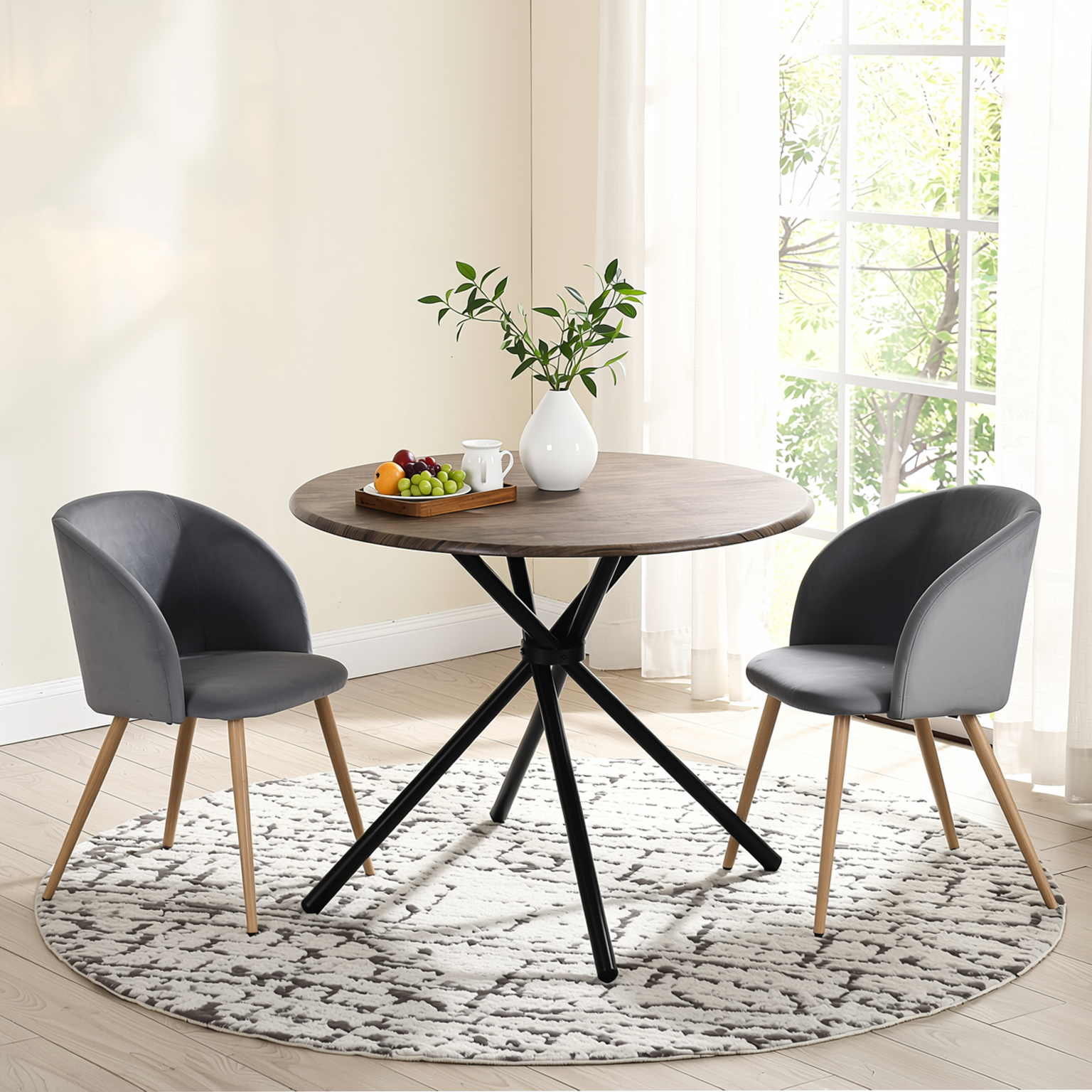 Homy Casa Fontana 3PC Dining Set 31.5” Round Dining Table with 2 Ynez Grey Upholstered Chairs