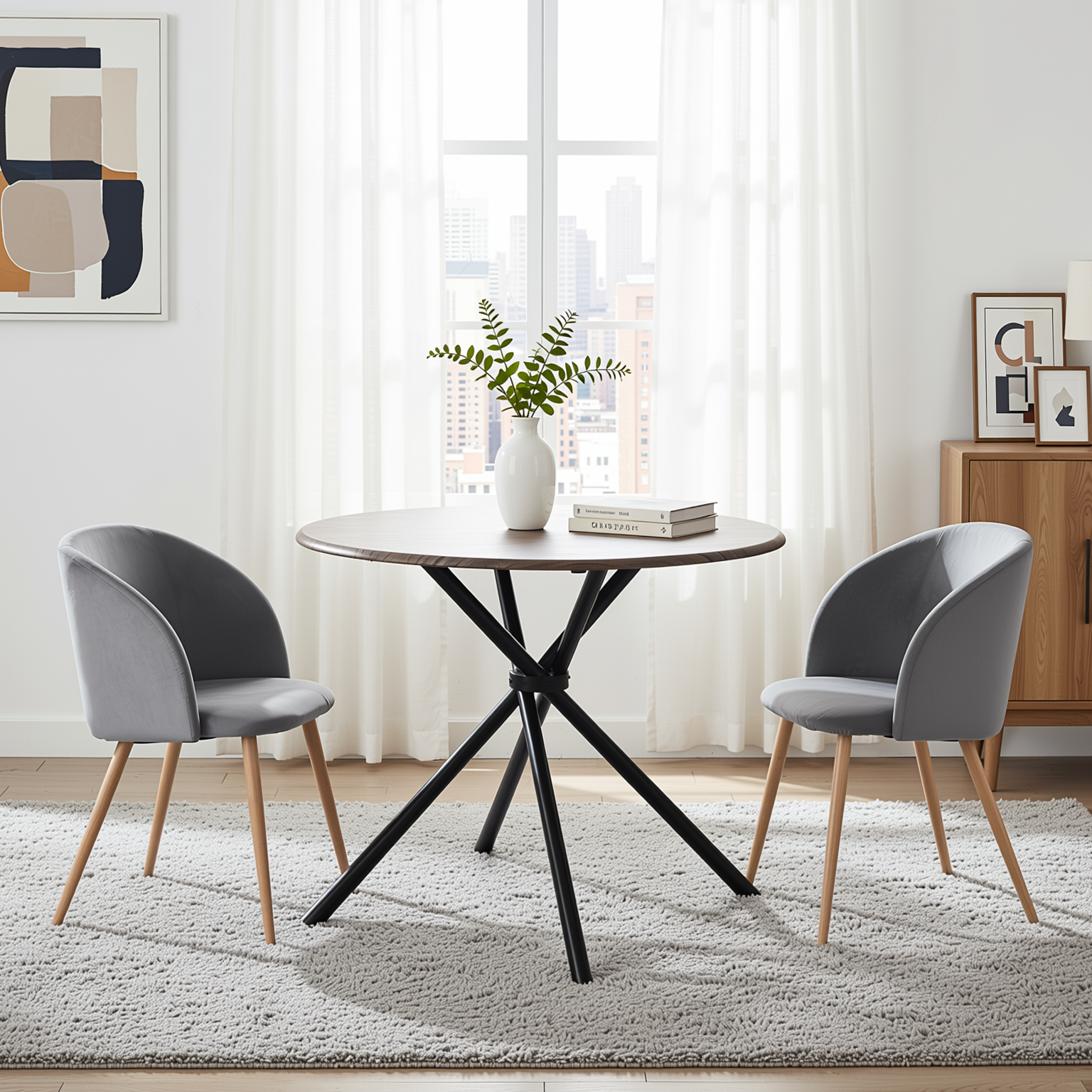 Homy Casa Fontana 3PC Dining Set 31.5” Round Dining Table with 2 Ynez Grey Upholstered Chairs