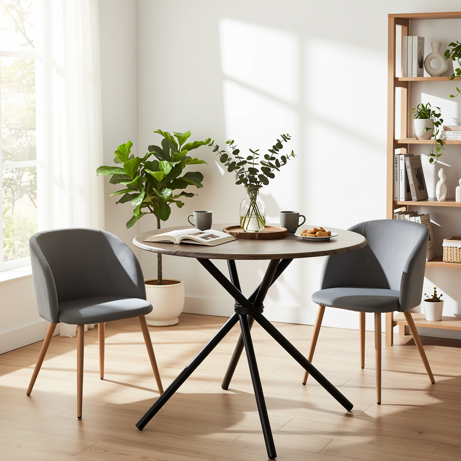 Homy Casa Fontana 3PC Dining Set 31.5” Round Dining Table with 2 Ynez Grey Upholstered Chairs