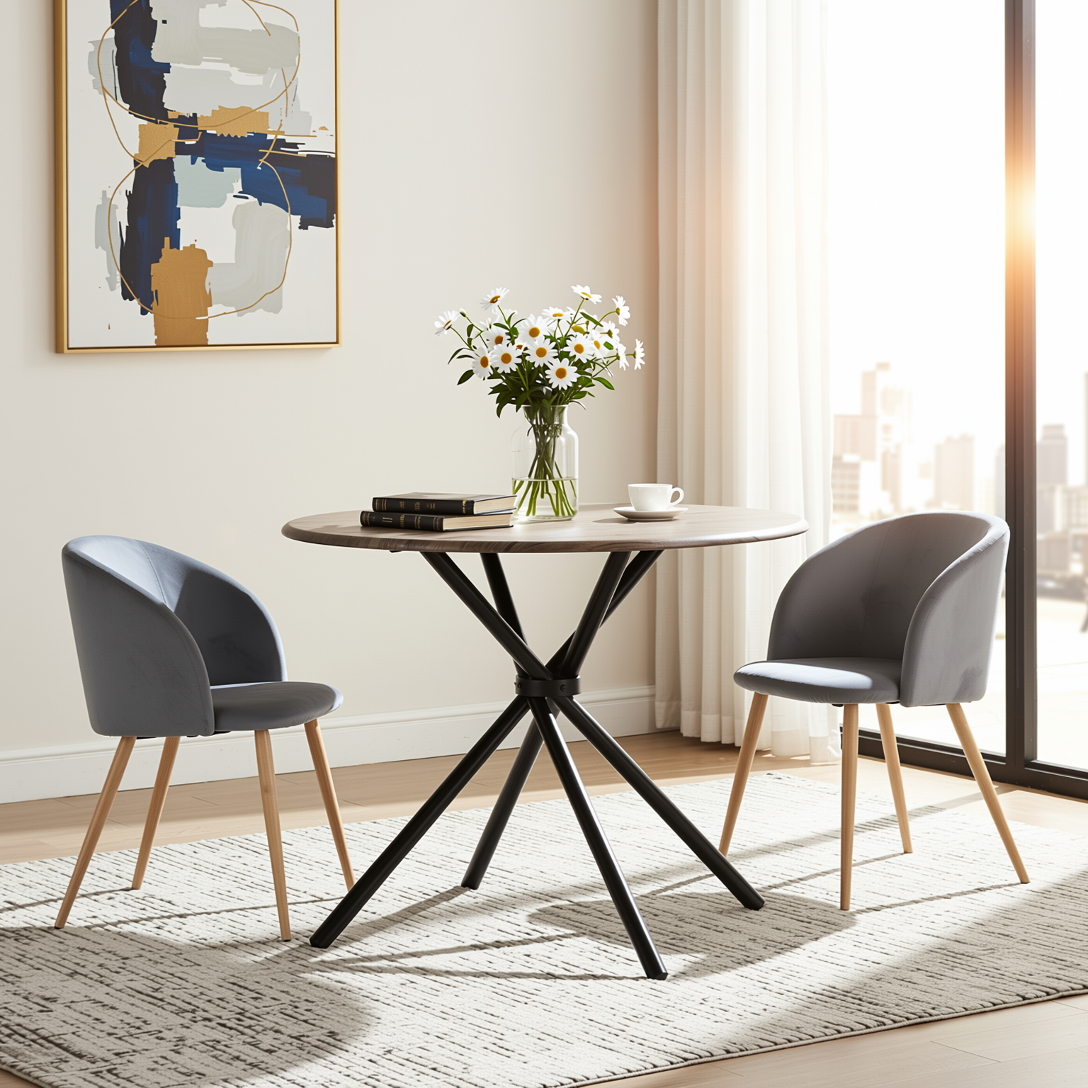 Homy Casa Fontana 3PC Dining Set 31.5” Round Dining Table with 2 Ynez Grey Upholstered Chairs