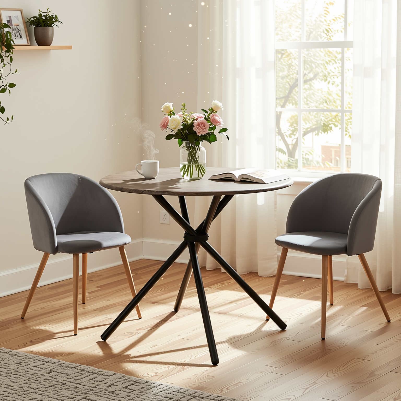 Homy Casa Fontana 3PC Dining Set 31.5” Round Dining Table with 2 Ynez Grey Upholstered Chairs