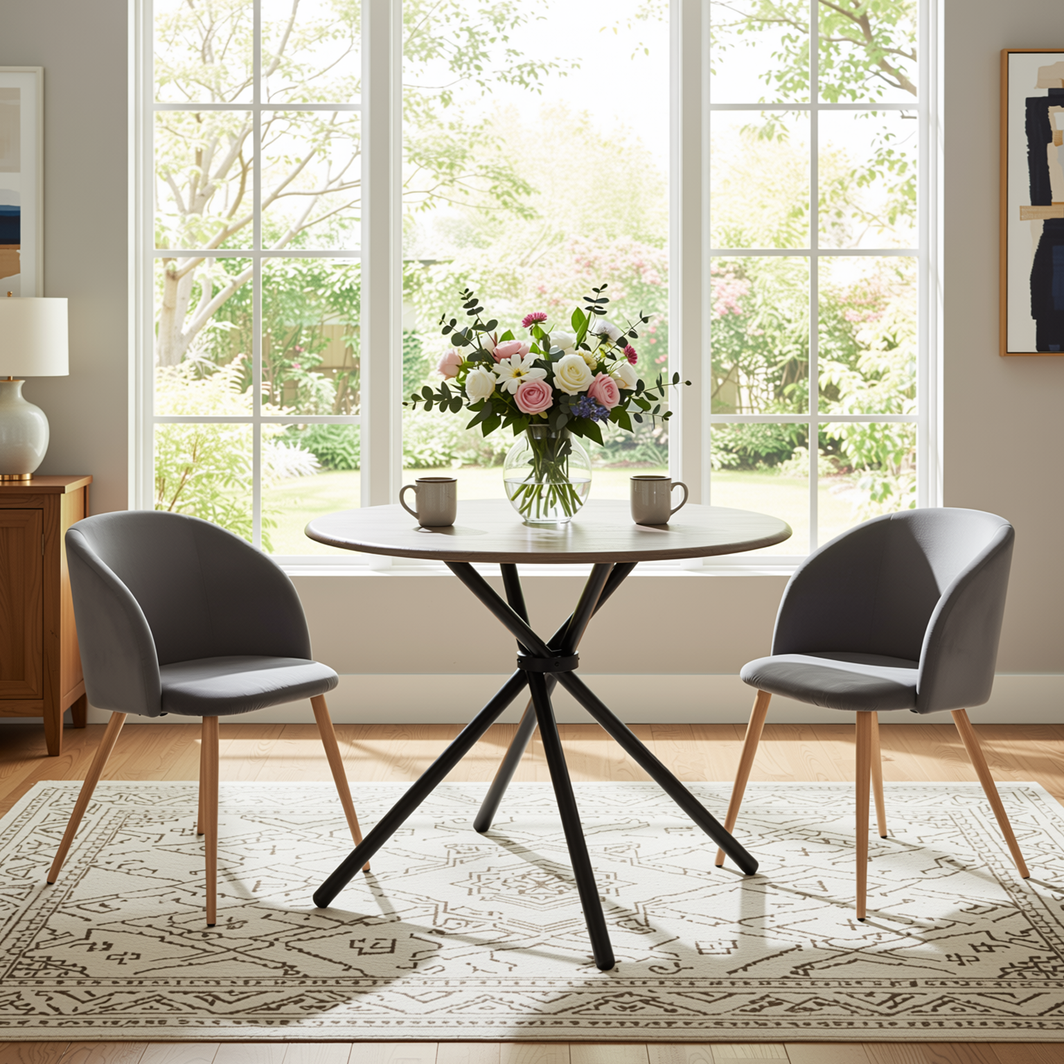Homy Casa Fontana 3PC Dining Set 31.5” Round Dining Table with 2 Ynez Grey Upholstered Chairs