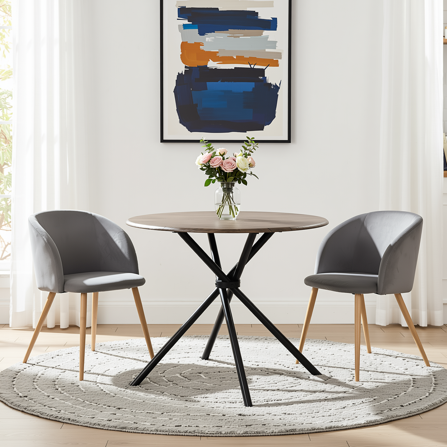 Homy Casa Fontana 3PC Dining Set 31.5” Round Dining Table with 2 Ynez Grey Upholstered Chairs