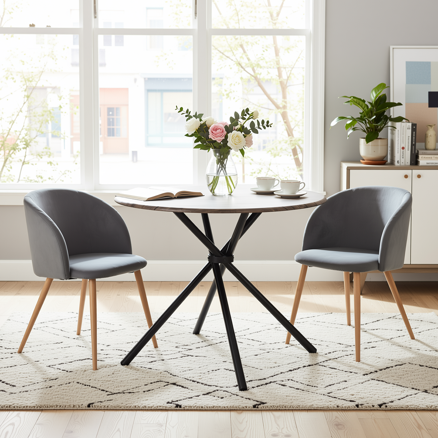 Homy Casa Fontana 3PC Dining Set 31.5” Round Dining Table with 2 Ynez Grey Upholstered Chairs