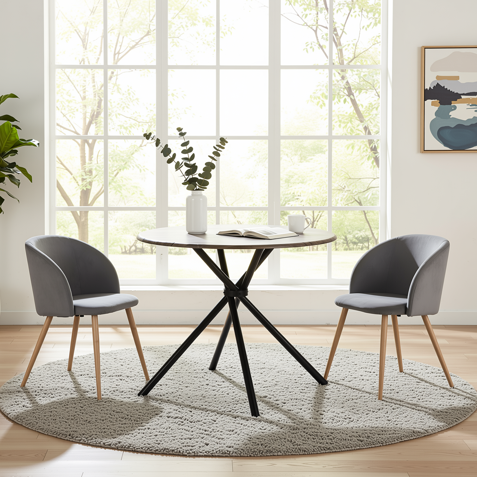 Homy Casa Fontana 3PC Dining Set 31.5” Round Dining Table with 2 Ynez Grey Upholstered Chairs