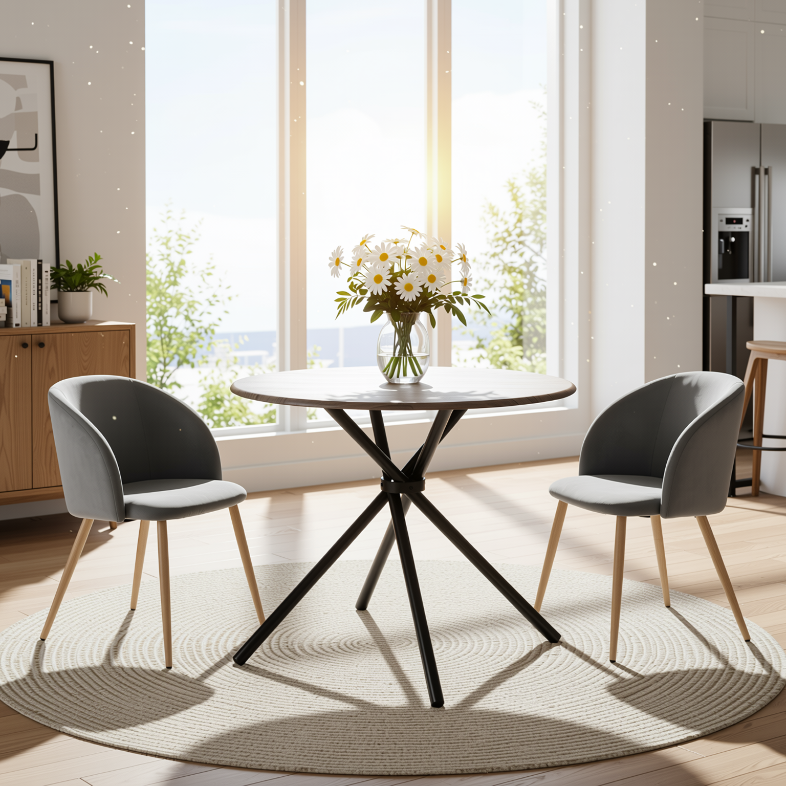 Homy Casa Fontana 3PC Dining Set 31.5” Round Dining Table with 2 Ynez Grey Upholstered Chairs