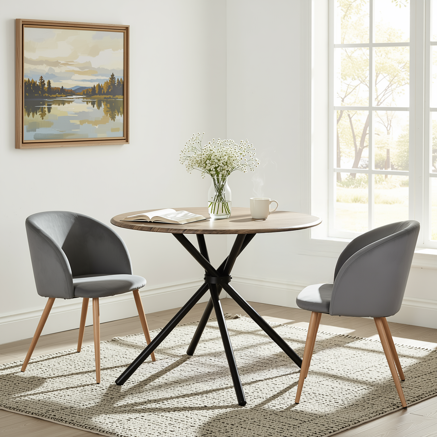 Homy Casa Fontana 3PC Dining Set 31.5” Round Dining Table with 2 Ynez Grey Upholstered Chairs
