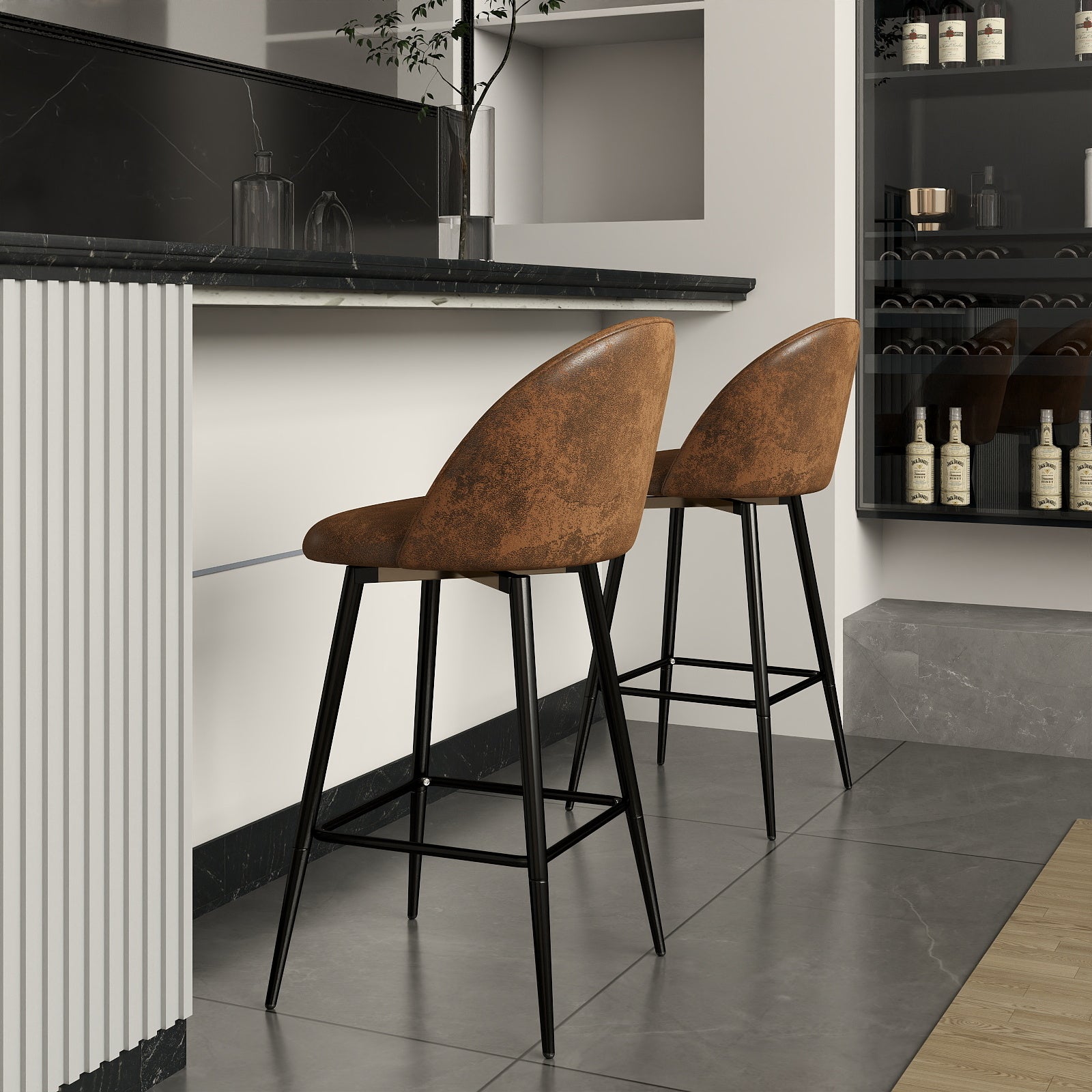 Homy Casa HASEEB Counter Swivel Barstool, Suede Brown & Black, Oak Finish, 46.5x50.5x94cm Open Box