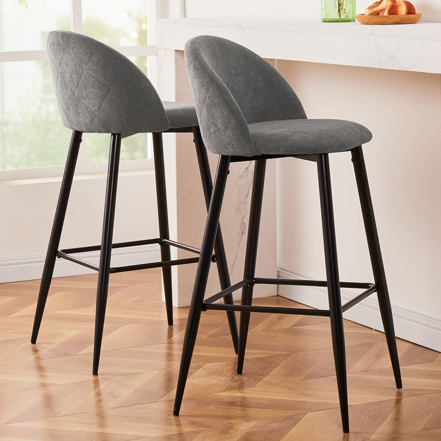 Open Box Homy Casa HASEEB Counter Bar Stool Dark Grey Terry Fabric 18.3" W x 19.9" D x 37" H Modern Seating