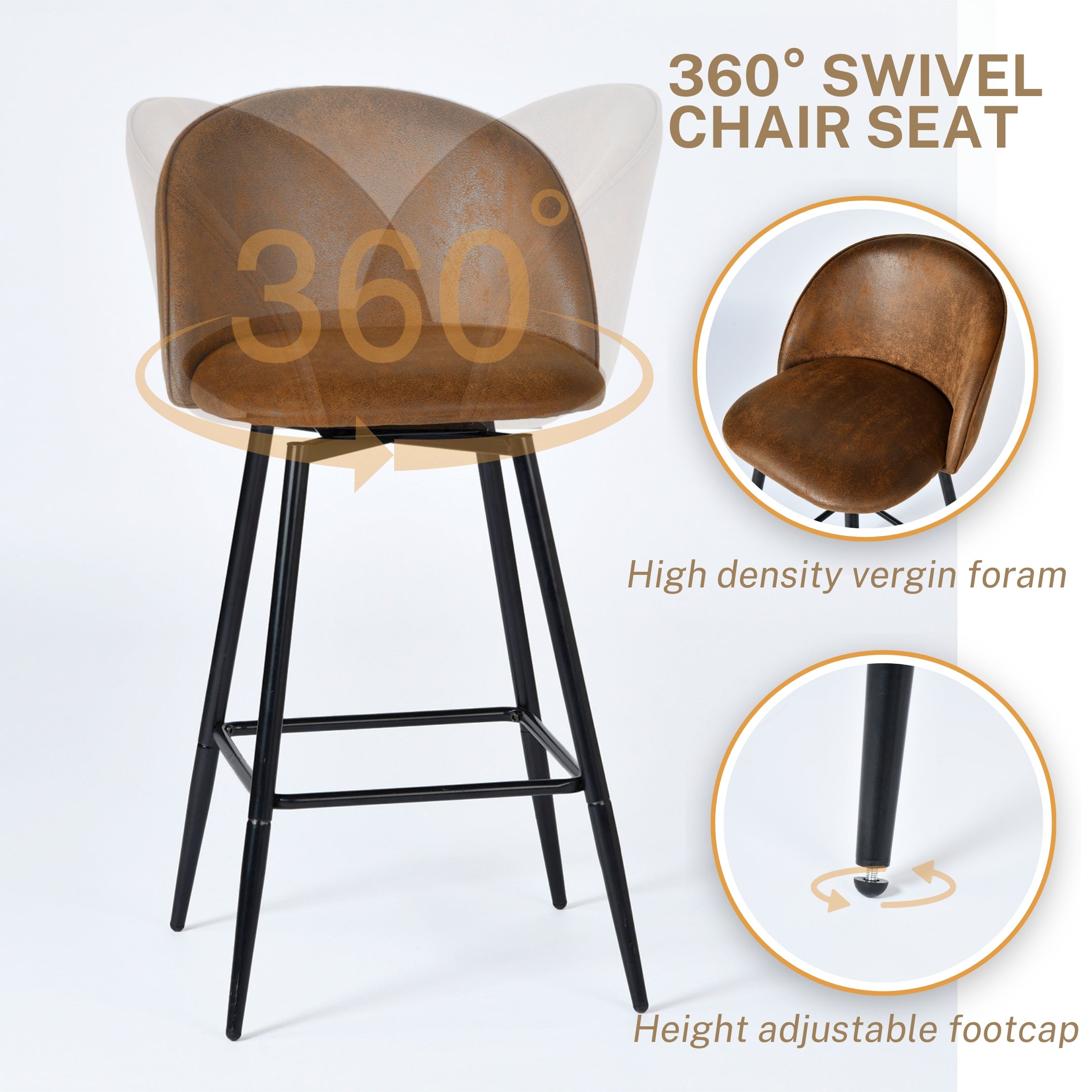 Homy Casa HASEEB 26" Swivel Counter Height Bar Stools Set of 2,Vintage Brown